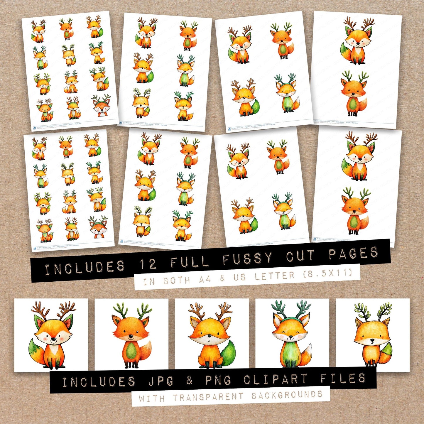 Full collection view of Watercolour Christmas Fox Antlers fussy cut sheets with bonus clipart JPG and PNG files