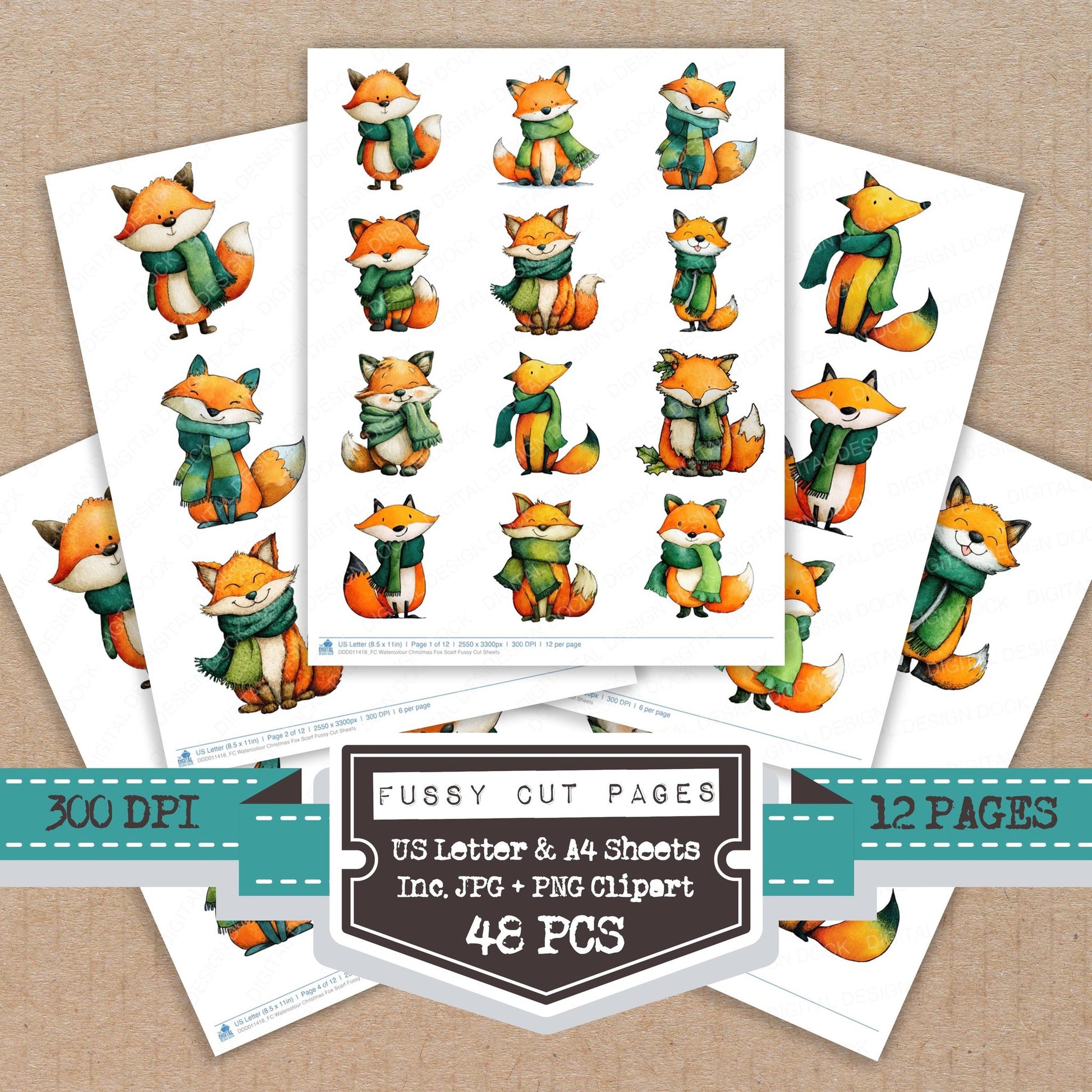 Watercolour Christmas Fox Scarf fussy cut printable sheets for junk journaling, scrapbooking, and paper craft projects