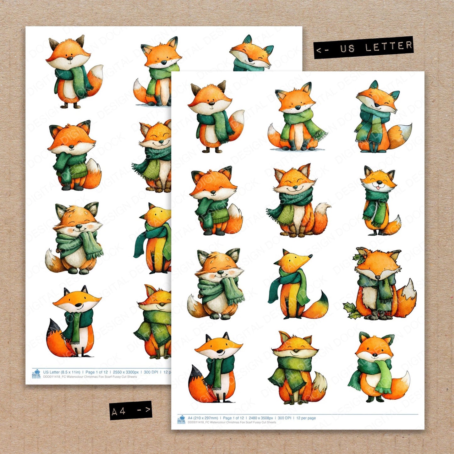 A4 and US Letter format comparison showing Watercolour Christmas Fox Scarf fussy cut pages for print and cut crafting