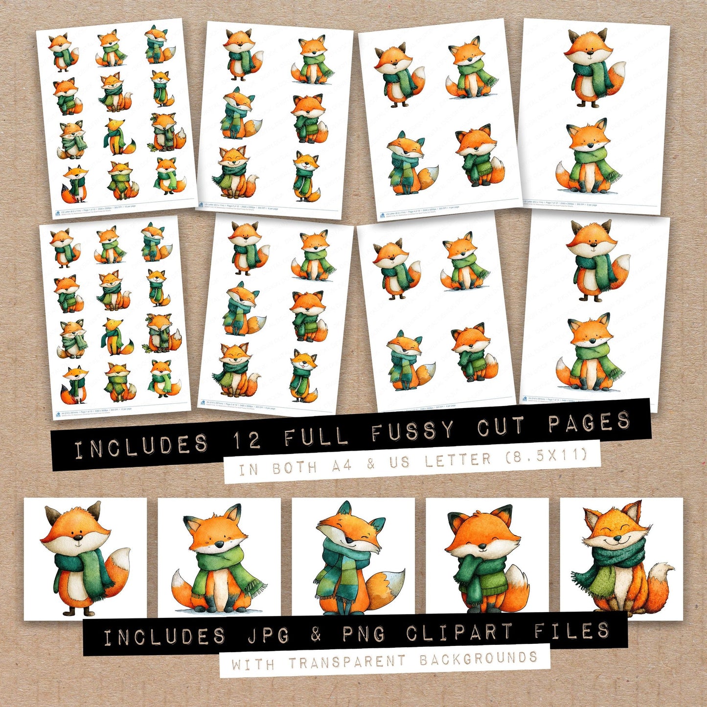 Full collection view of Watercolour Christmas Fox Scarf fussy cut sheets with bonus clipart JPG and PNG files