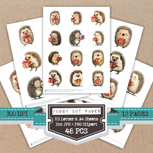 Watercolour Christmas Hedgehog Present fussy cut printable sheets for junk journaling, scrapbooking, and paper craft projects