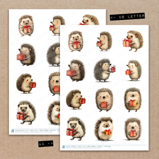 A4 and US Letter format comparison showing Watercolour Christmas Hedgehog Present fussy cut pages for print and cut crafting
