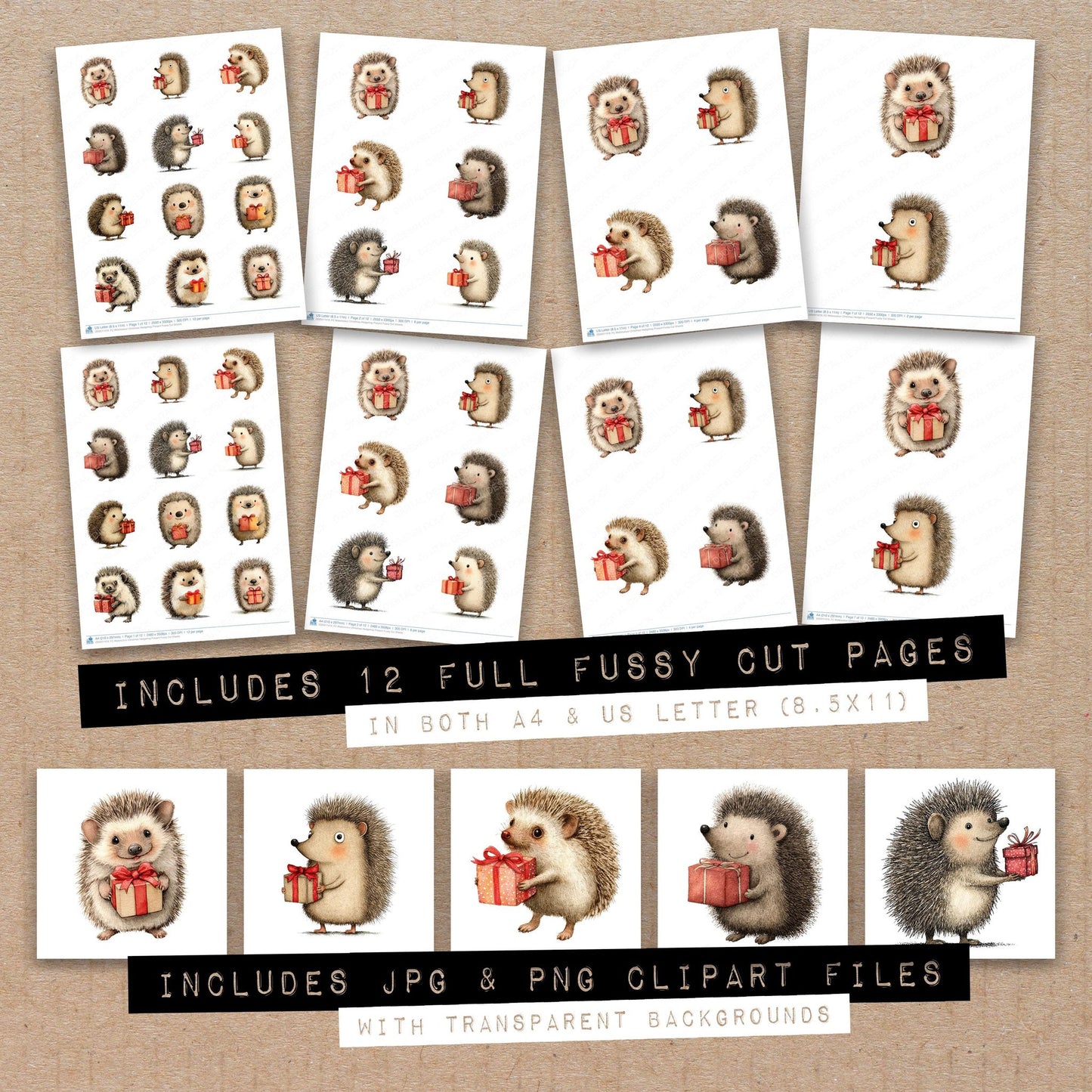 Full collection view of Watercolour Christmas Hedgehog Present fussy cut sheets with bonus clipart JPG and PNG files