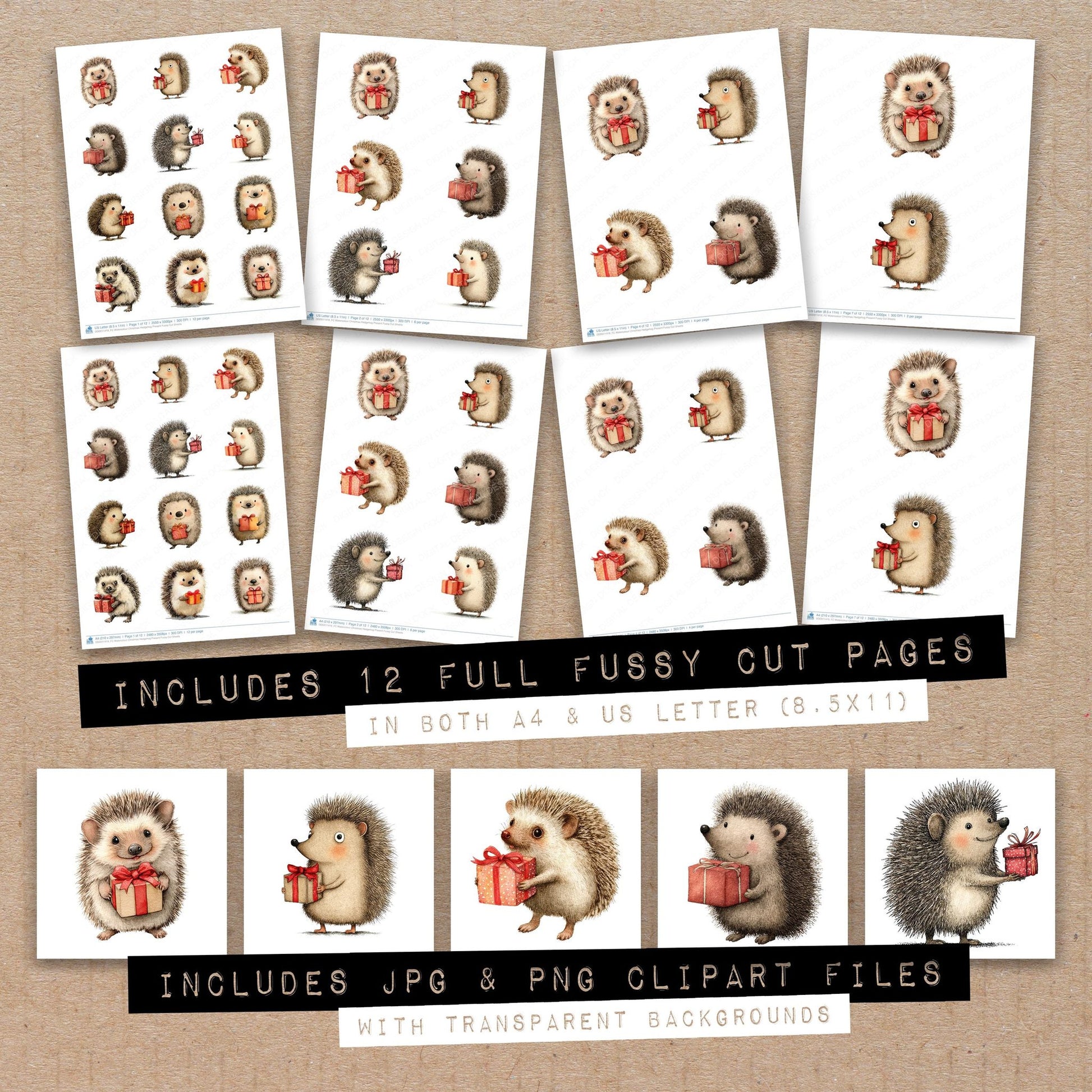 Full collection view of Watercolour Christmas Hedgehog Present fussy cut sheets with bonus clipart JPG and PNG files