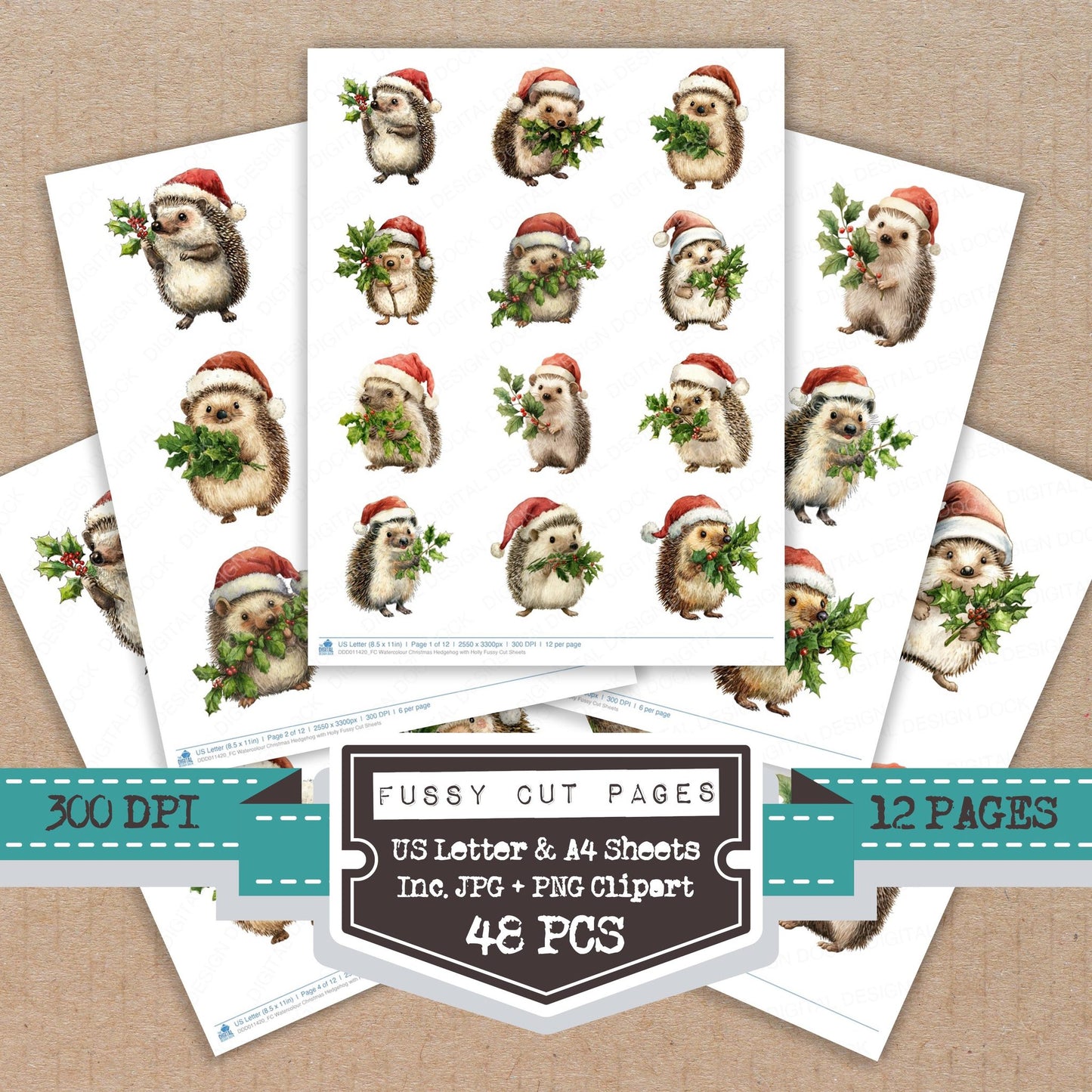 Watercolour Christmas Hedgehog with Holly fussy cut printable sheets for junk journaling, scrapbooking, and paper craft projects