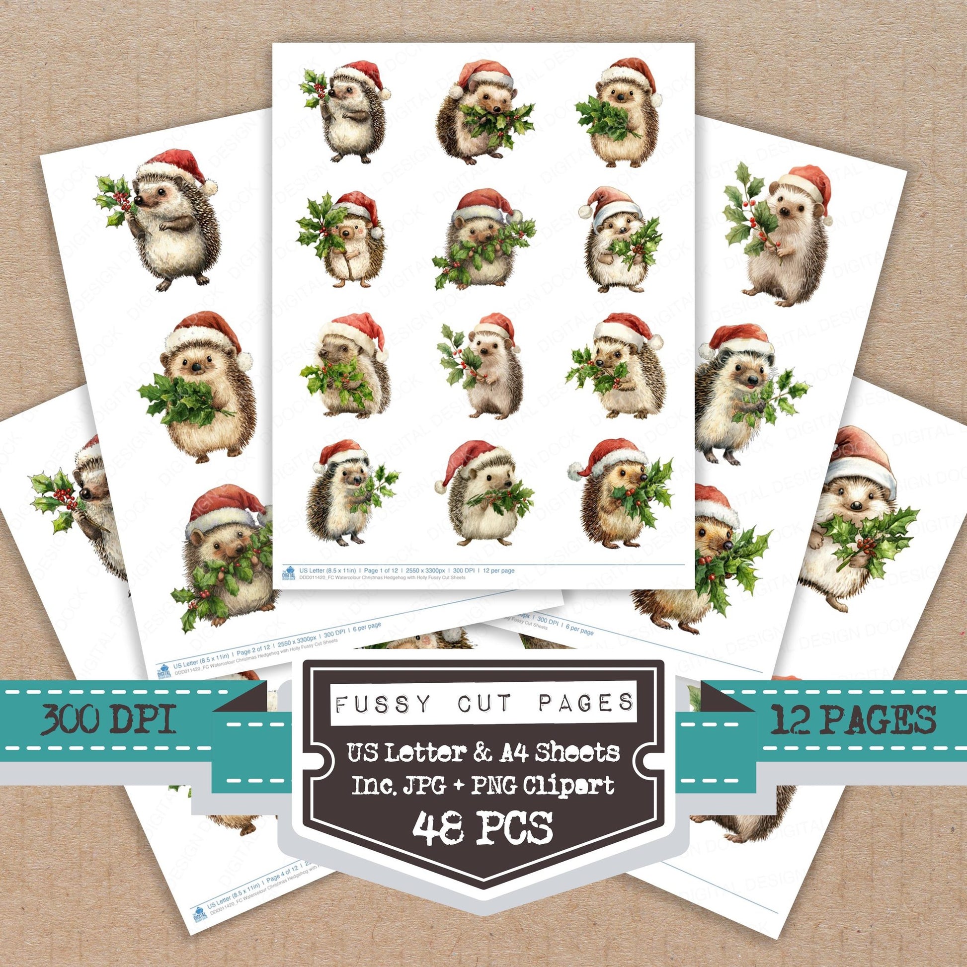 Watercolour Christmas Hedgehog with Holly fussy cut printable sheets for junk journaling, scrapbooking, and paper craft projects