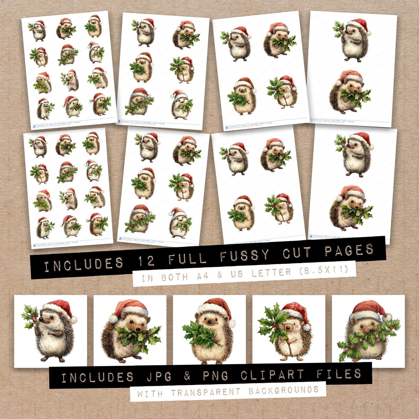 Full collection view of Watercolour Christmas Hedgehog with Holly fussy cut sheets with bonus clipart JPG and PNG files