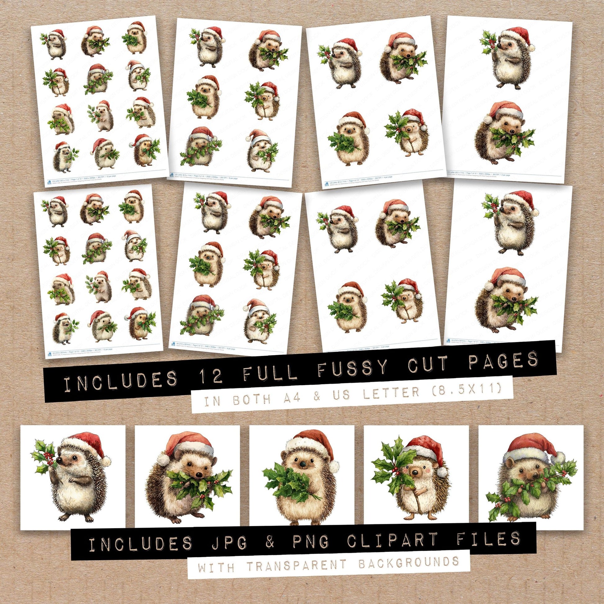 Full collection view of Watercolour Christmas Hedgehog with Holly fussy cut sheets with bonus clipart JPG and PNG files