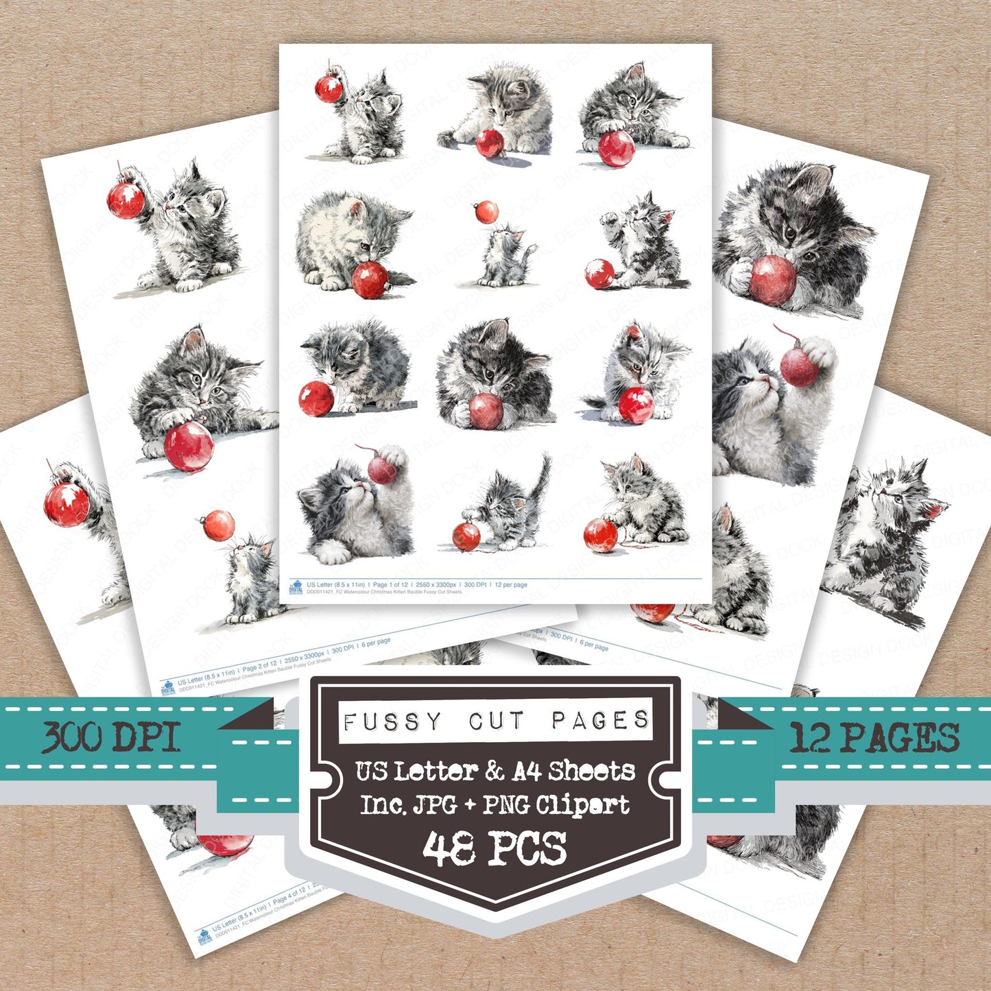 Watercolour Christmas Kitten Bauble fussy cut printable sheets for junk journaling, scrapbooking, and paper craft projects