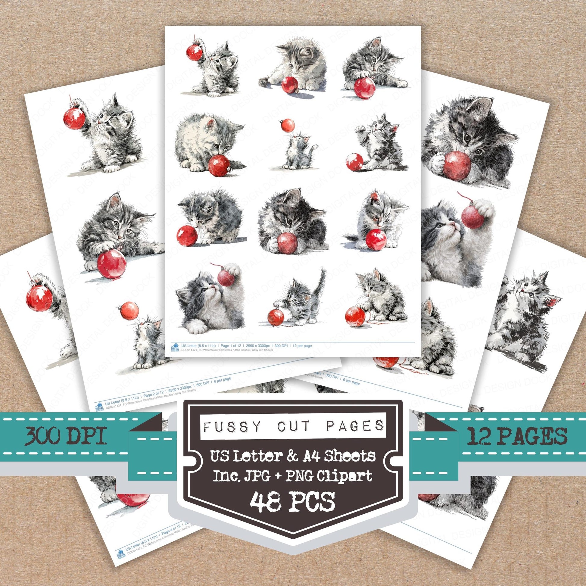 Watercolour Christmas Kitten Bauble fussy cut printable sheets for junk journaling, scrapbooking, and paper craft projects