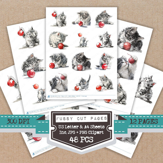Watercolour Christmas Kitten Bauble fussy cut printable sheets for junk journaling, scrapbooking, and paper craft projects