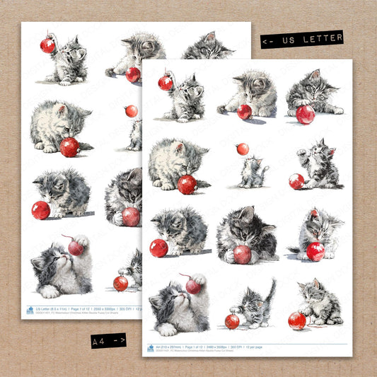 A4 and US Letter format comparison showing Watercolour Christmas Kitten Bauble fussy cut pages for print and cut crafting