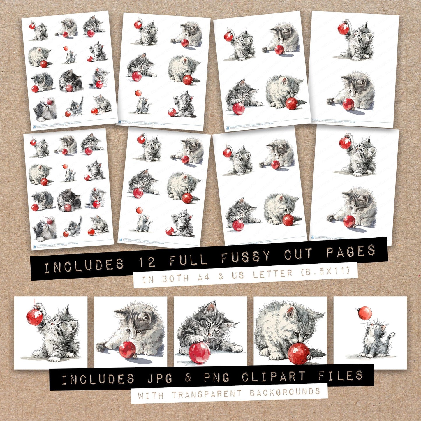 Full collection view of Watercolour Christmas Kitten Bauble fussy cut sheets with bonus clipart JPG and PNG files