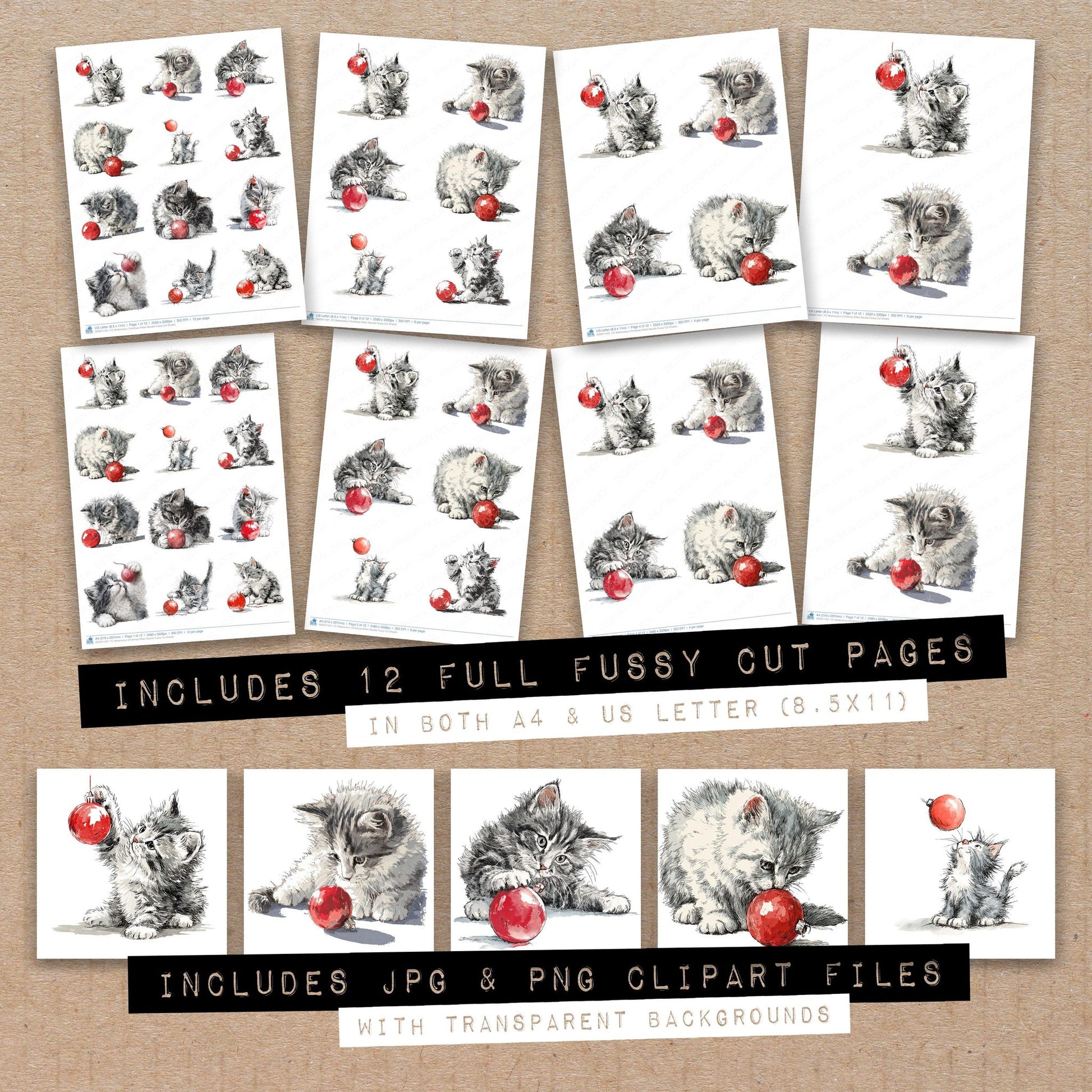 Full collection view of Watercolour Christmas Kitten Bauble fussy cut sheets with bonus clipart JPG and PNG files