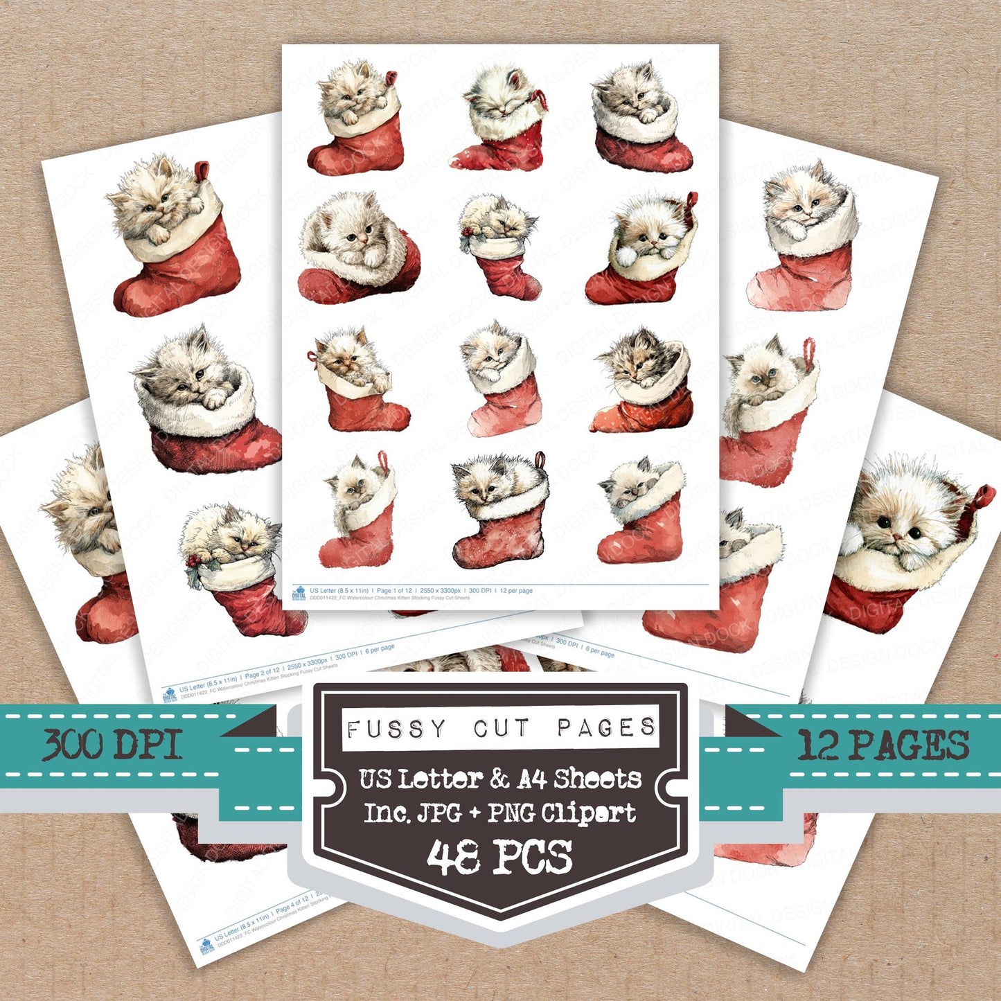 Watercolour Christmas Kitten Stocking fussy cut printable sheets for junk journaling, scrapbooking, and paper craft projects
