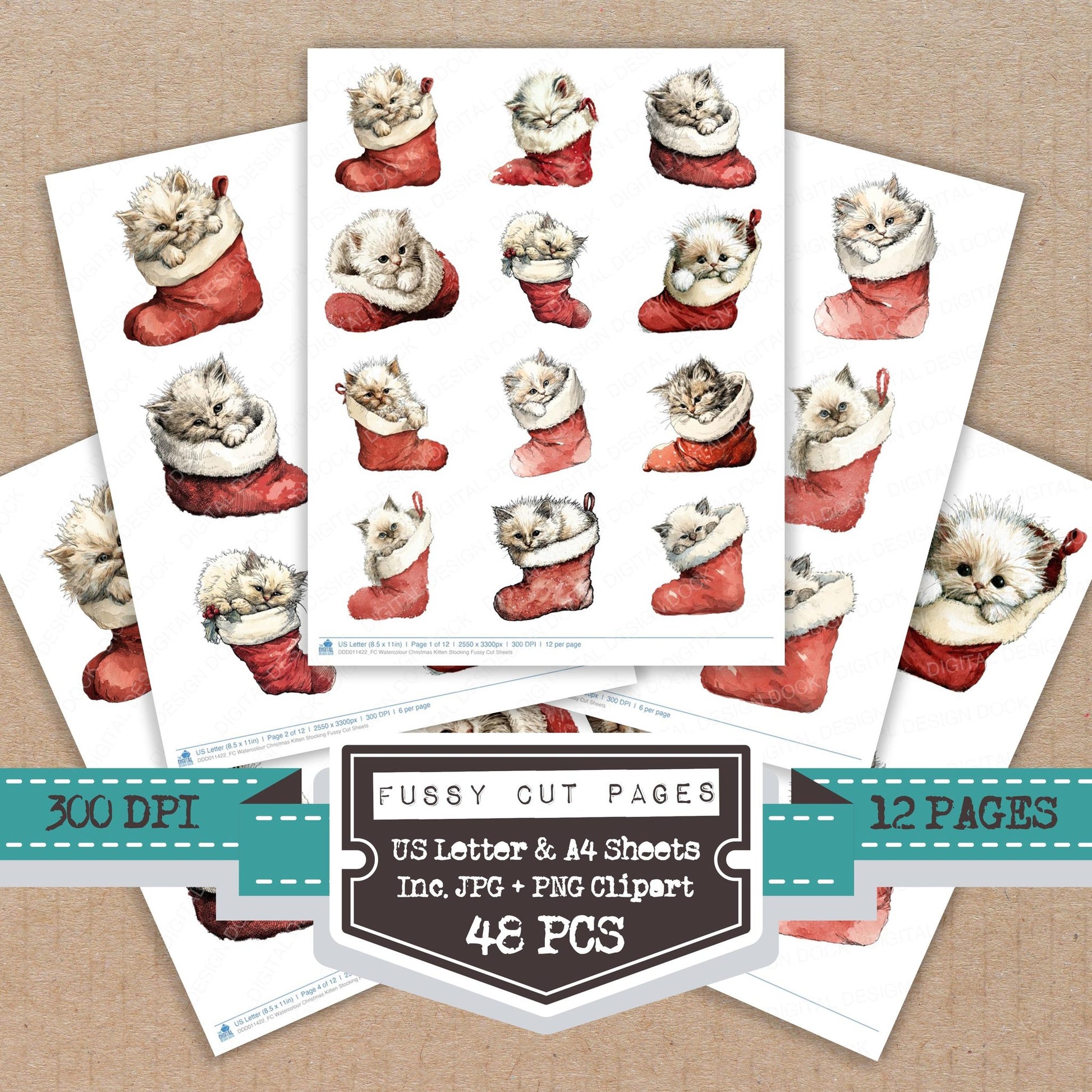 Watercolour Christmas Kitten Stocking fussy cut printable sheets for junk journaling, scrapbooking, and paper craft projects