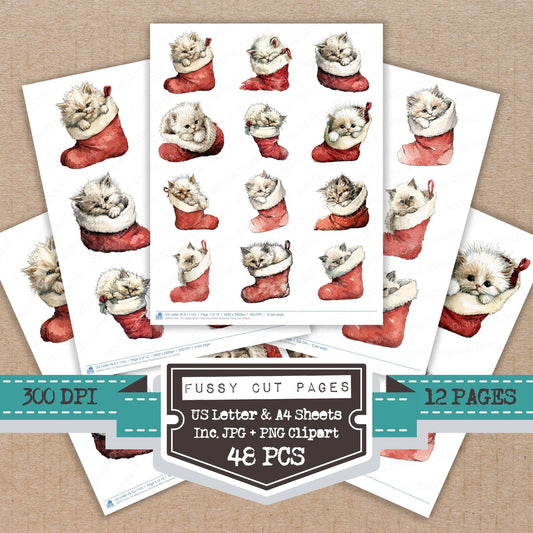 Watercolour Christmas Kitten Stocking fussy cut printable sheets for junk journaling, scrapbooking, and paper craft projects