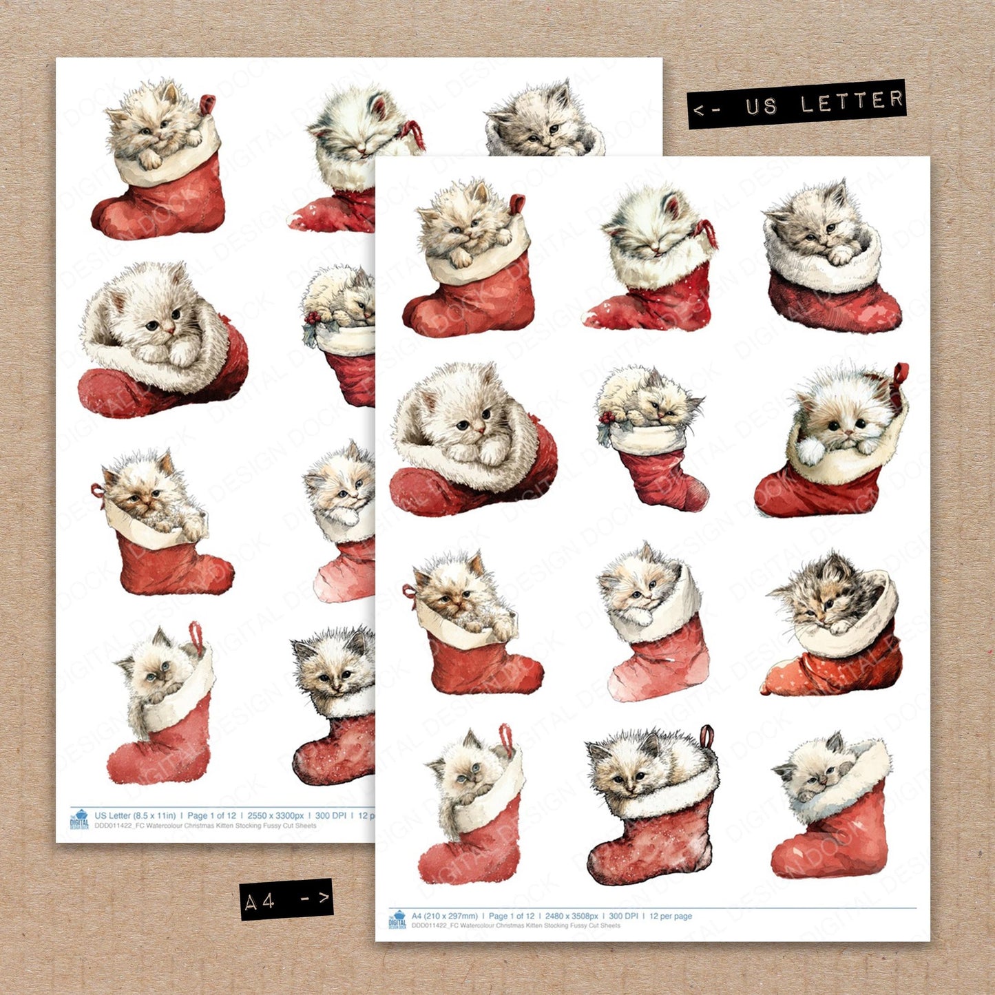 A4 and US Letter format comparison showing Watercolour Christmas Kitten Stocking fussy cut pages for print and cut crafting