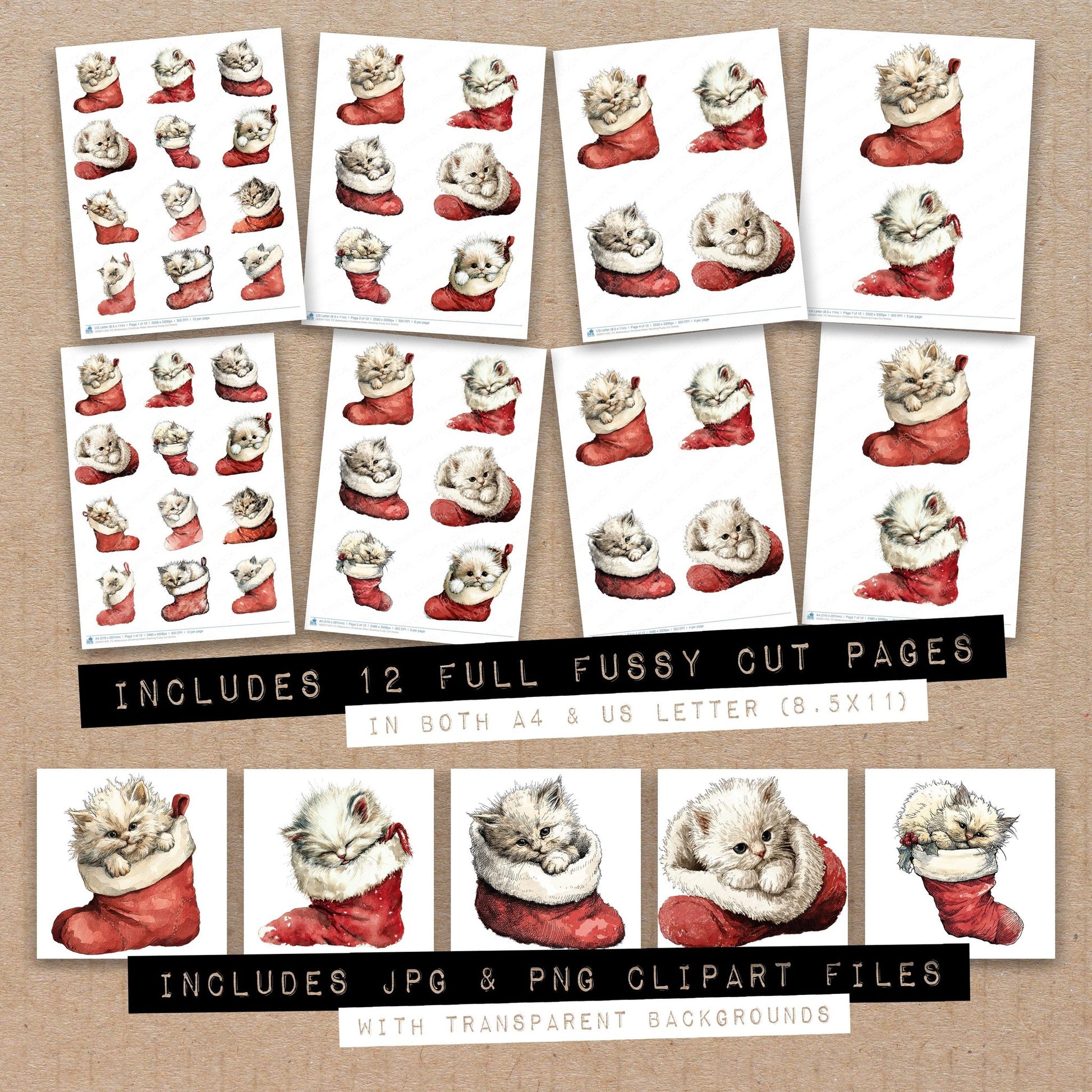 Full collection view of Watercolour Christmas Kitten Stocking fussy cut sheets with bonus clipart JPG and PNG files