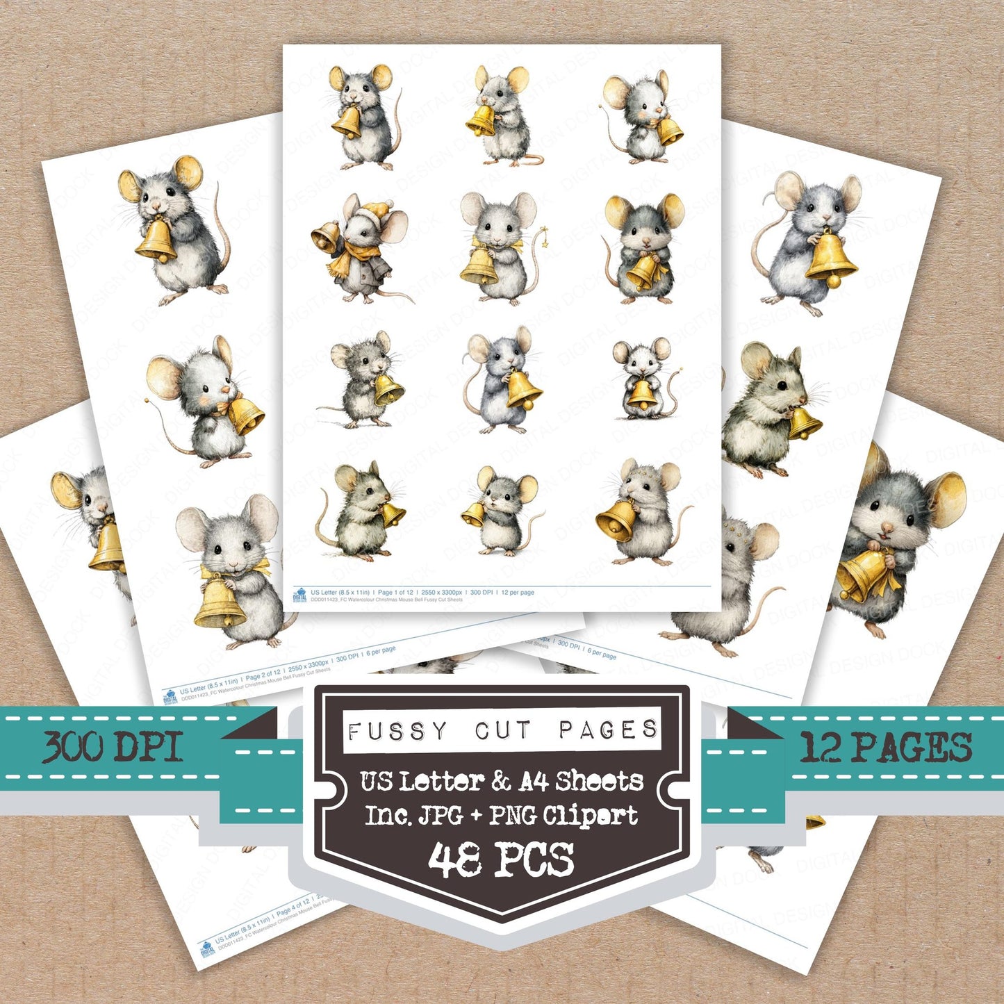 Watercolour Christmas Mouse Bell fussy cut printable sheets for junk journaling, scrapbooking, and paper craft projects