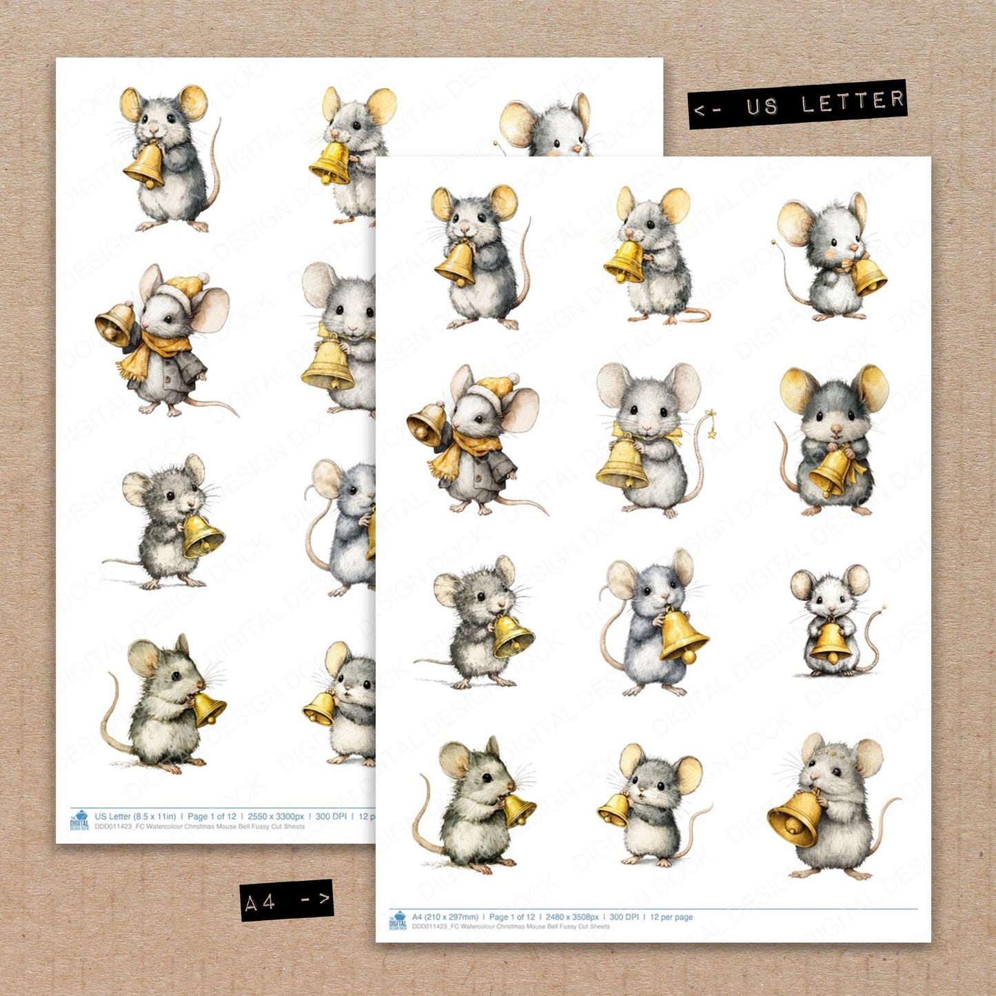 A4 and US Letter format comparison showing Watercolour Christmas Mouse Bell fussy cut pages for print and cut crafting