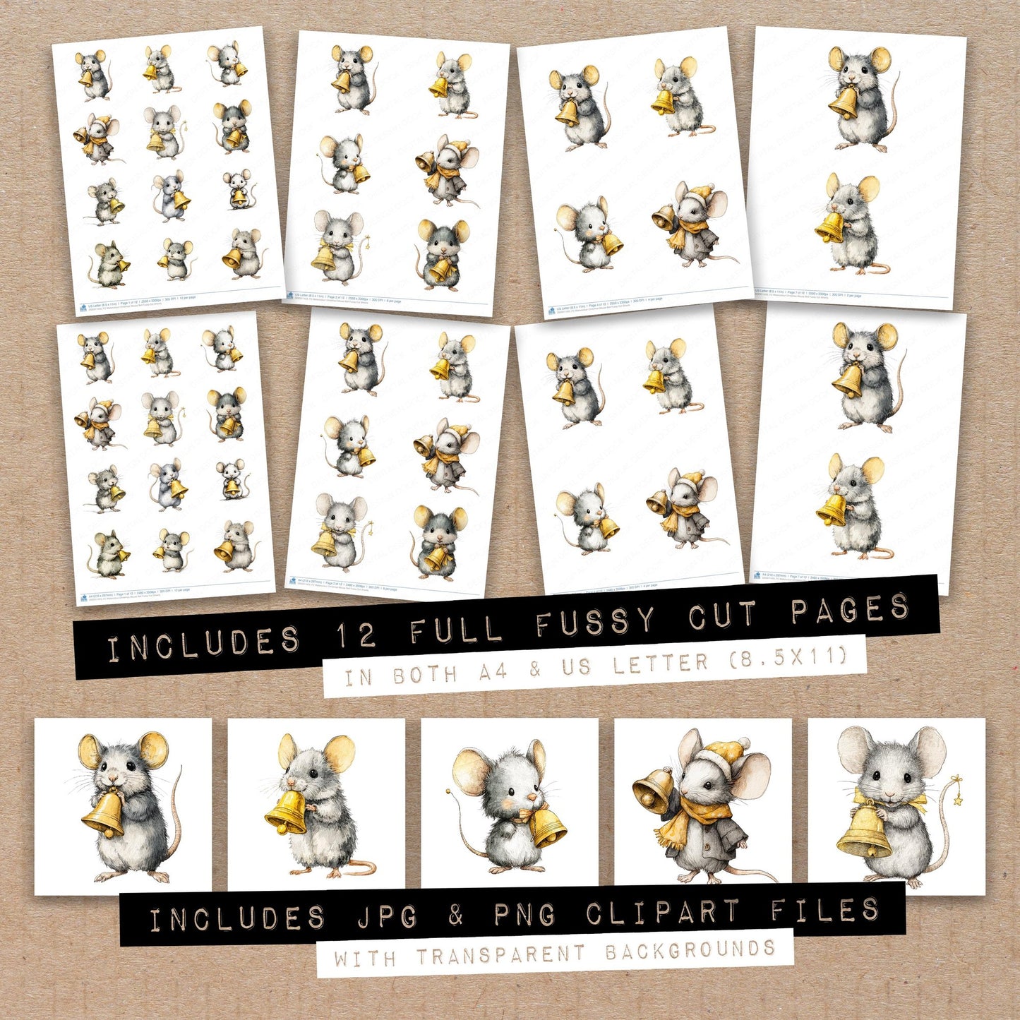 Full collection view of Watercolour Christmas Mouse Bell fussy cut sheets with bonus clipart JPG and PNG files