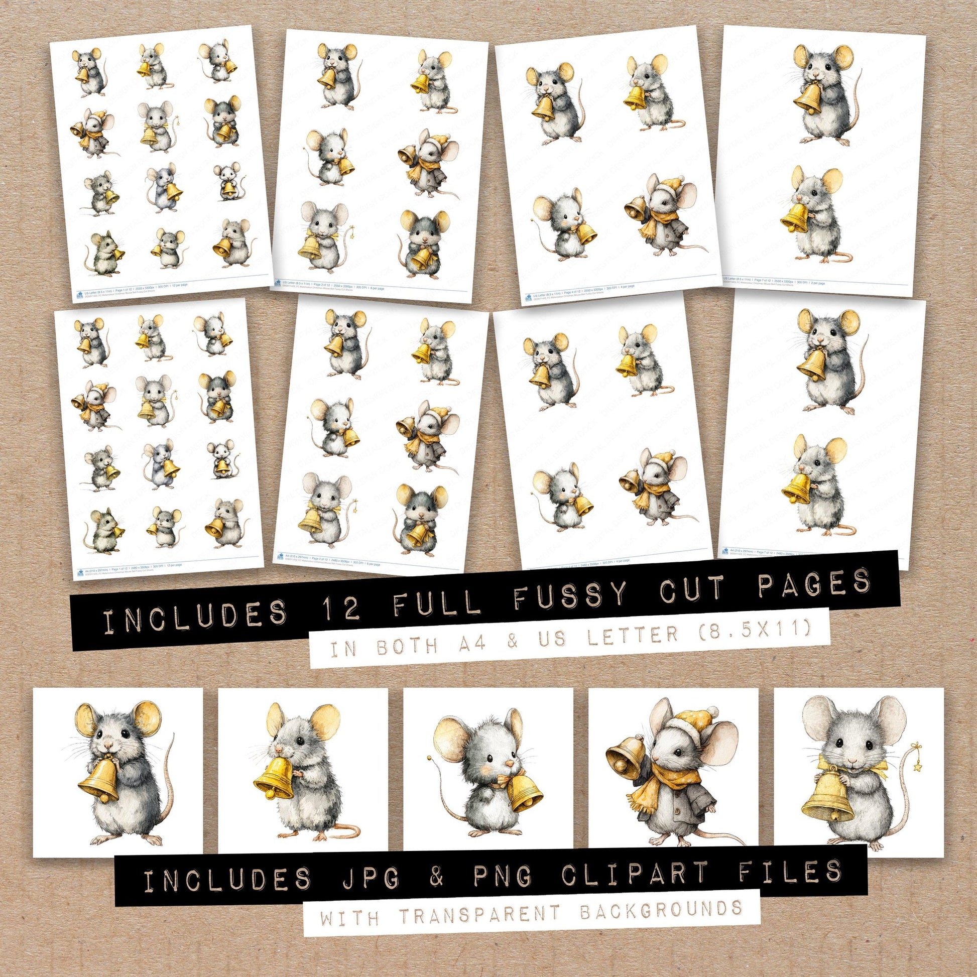 Full collection view of Watercolour Christmas Mouse Bell fussy cut sheets with bonus clipart JPG and PNG files