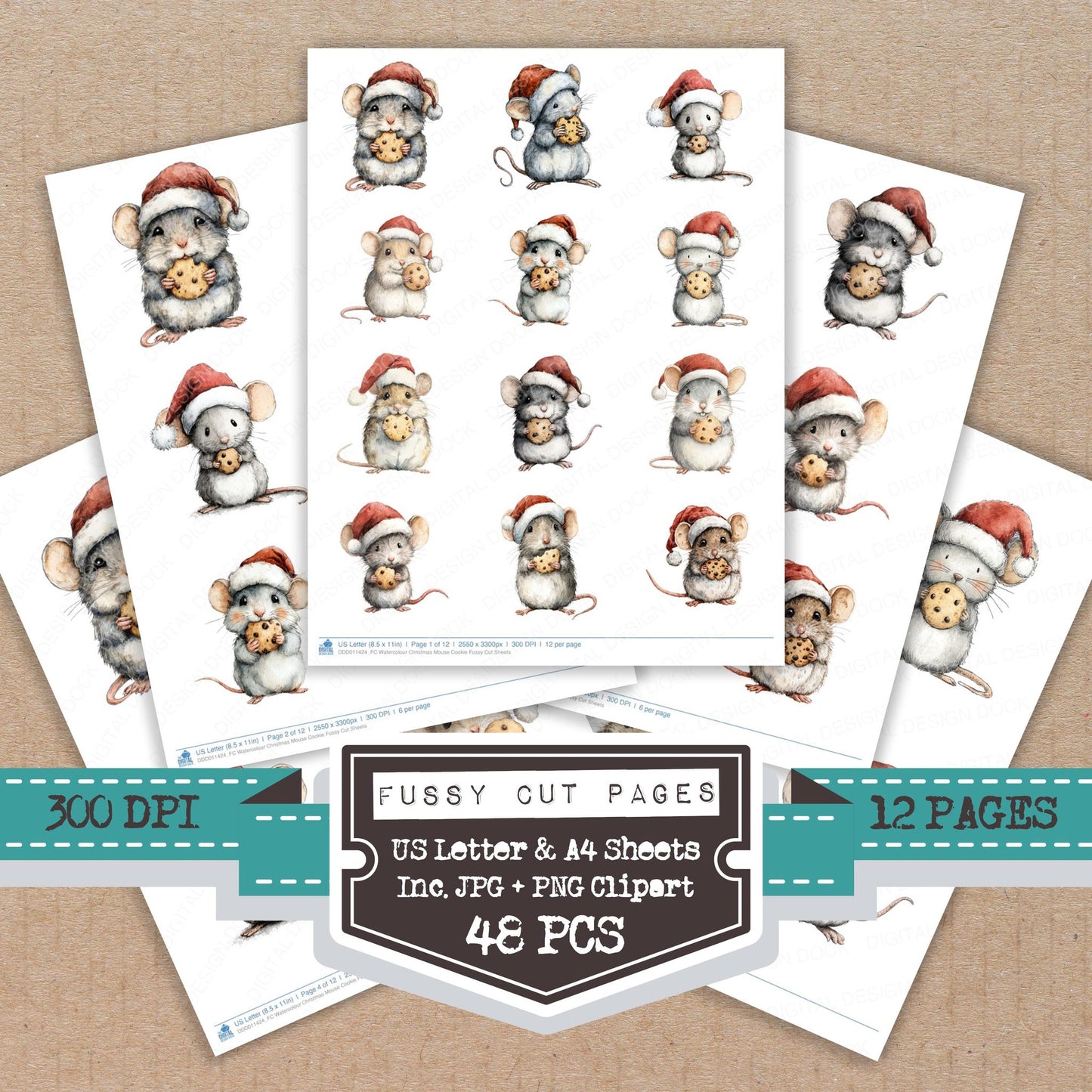 Watercolour Christmas Mouse Cookie fussy cut printable sheets for junk journaling, scrapbooking, and paper craft projects