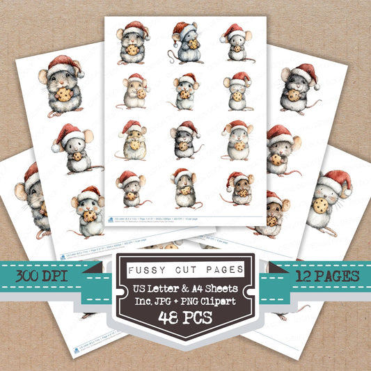 Watercolour Christmas Mouse Cookie fussy cut printable sheets for junk journaling, scrapbooking, and paper craft projects
