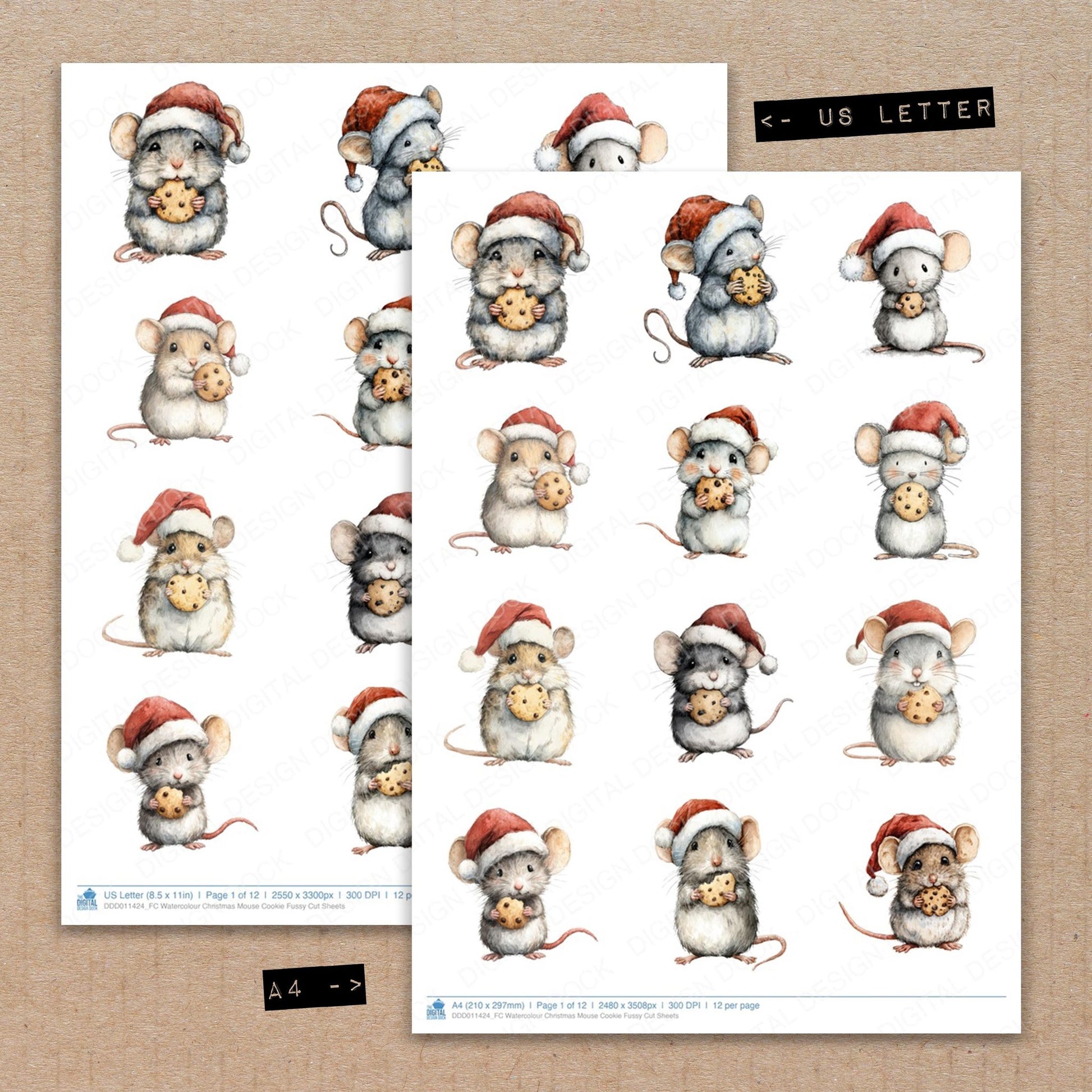 A4 and US Letter format comparison showing Watercolour Christmas Mouse Cookie fussy cut pages for print and cut crafting