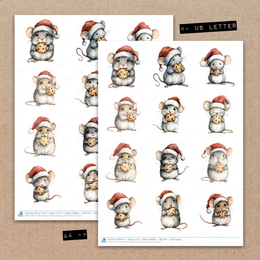 A4 and US Letter format comparison showing Watercolour Christmas Mouse Cookie fussy cut pages for print and cut crafting