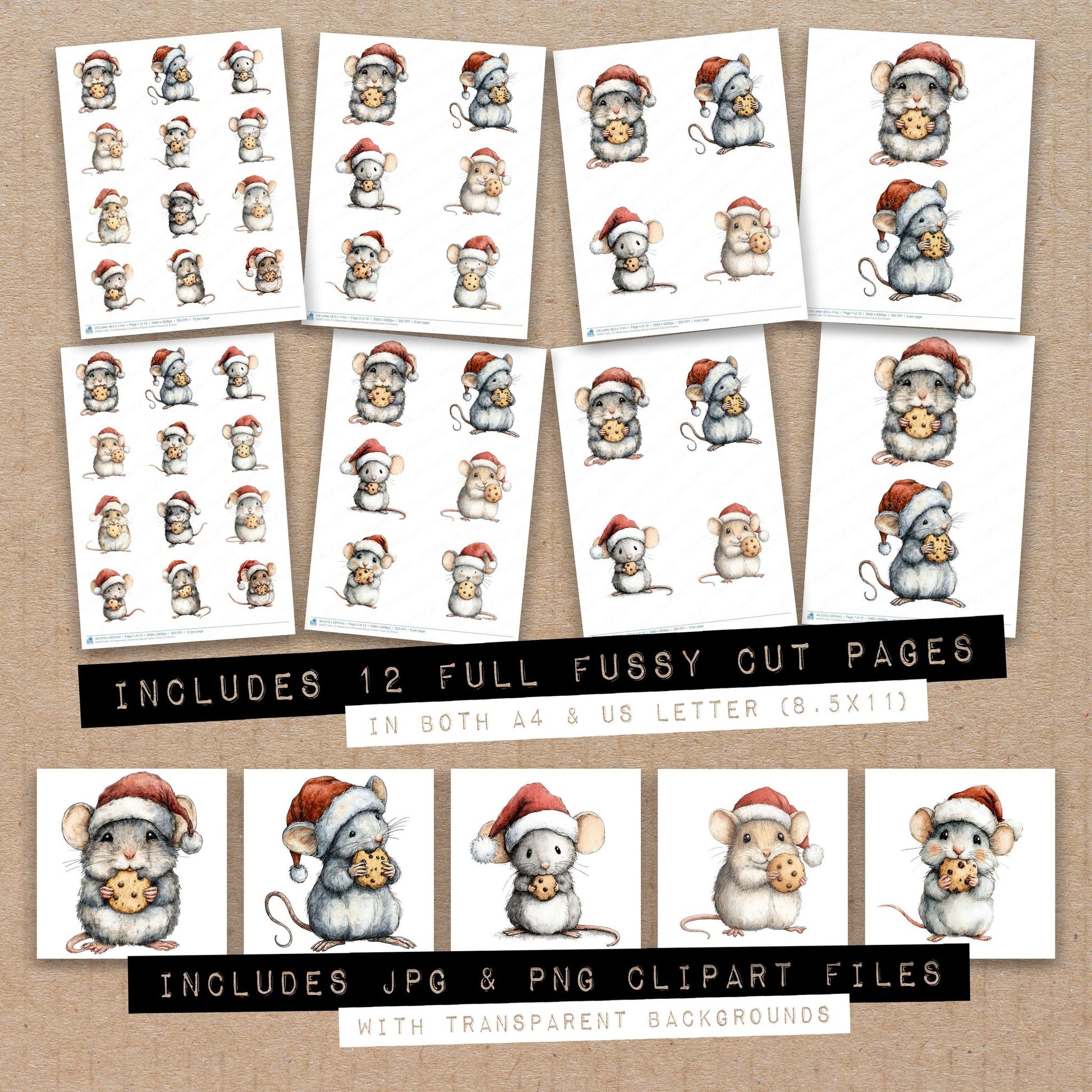 Full collection view of Watercolour Christmas Mouse Cookie fussy cut sheets with bonus clipart JPG and PNG files