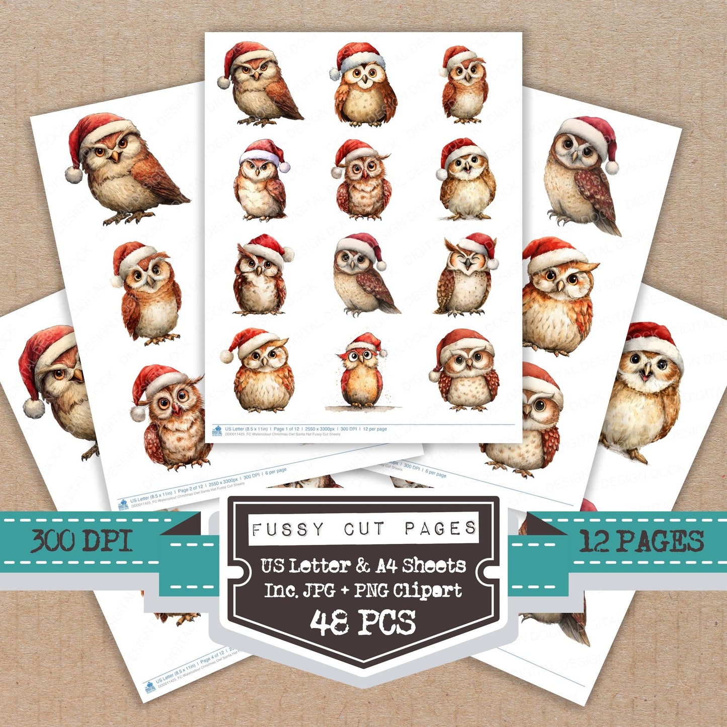 Watercolour Christmas Owl Santa Hat fussy cut printable sheets for junk journaling, scrapbooking, and paper craft projects