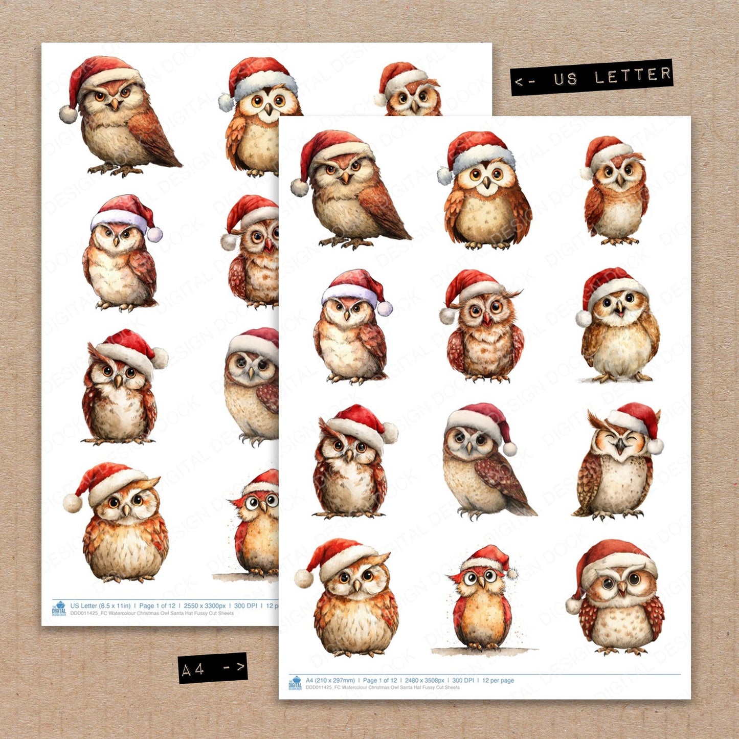 A4 and US Letter format comparison showing Watercolour Christmas Owl Santa Hat fussy cut pages for print and cut crafting