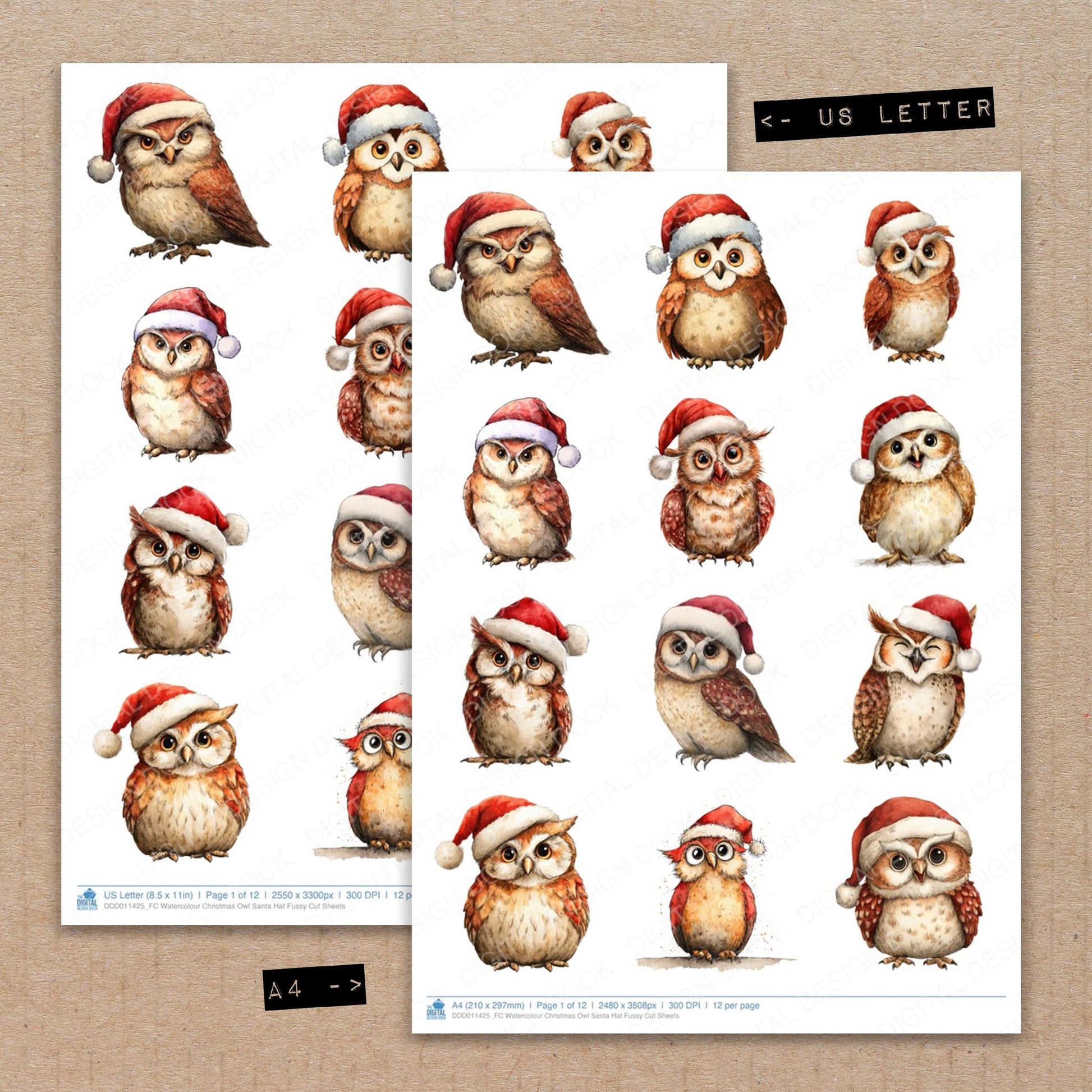 A4 and US Letter format comparison showing Watercolour Christmas Owl Santa Hat fussy cut pages for print and cut crafting