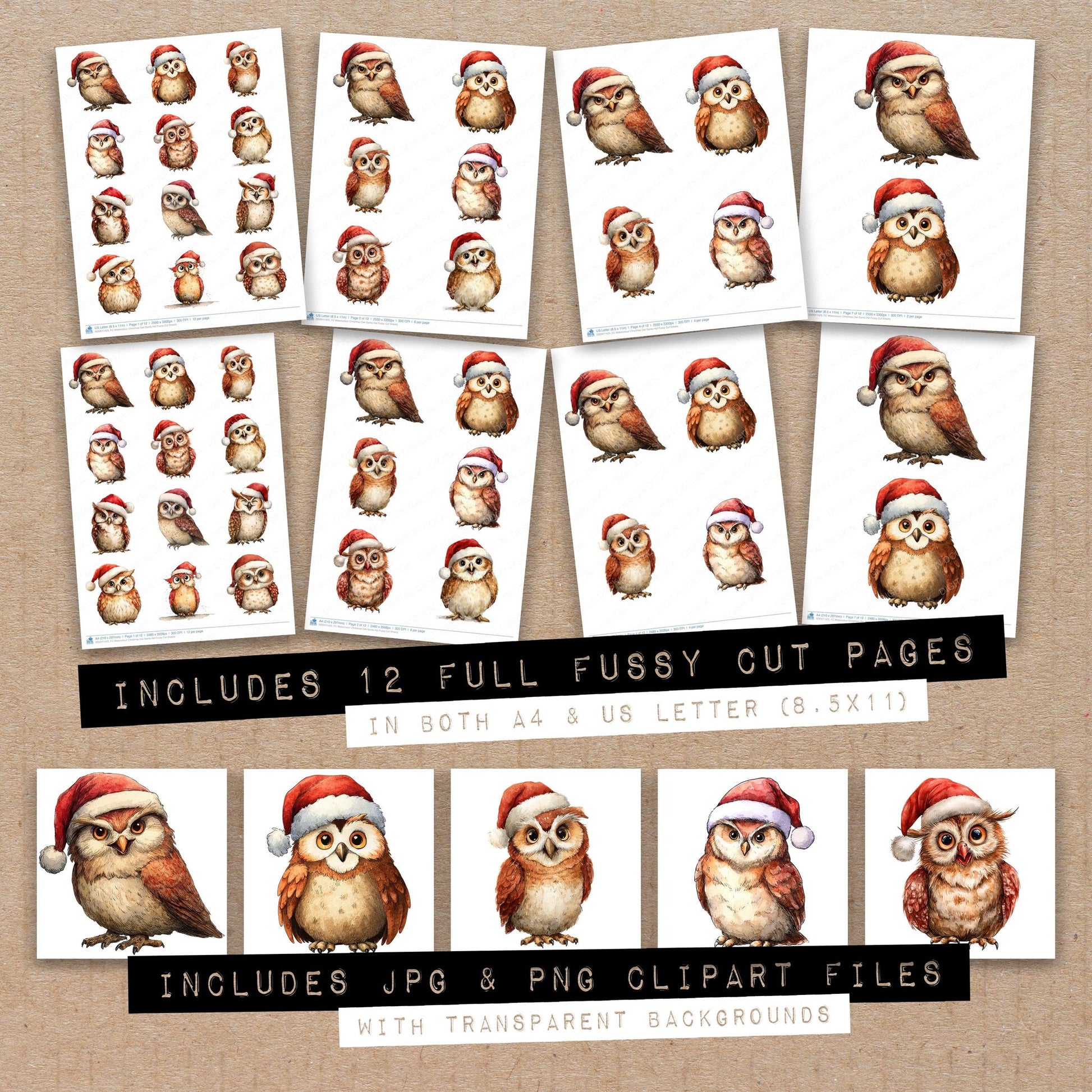 Full collection view of Watercolour Christmas Owl Santa Hat fussy cut sheets with bonus clipart JPG and PNG files