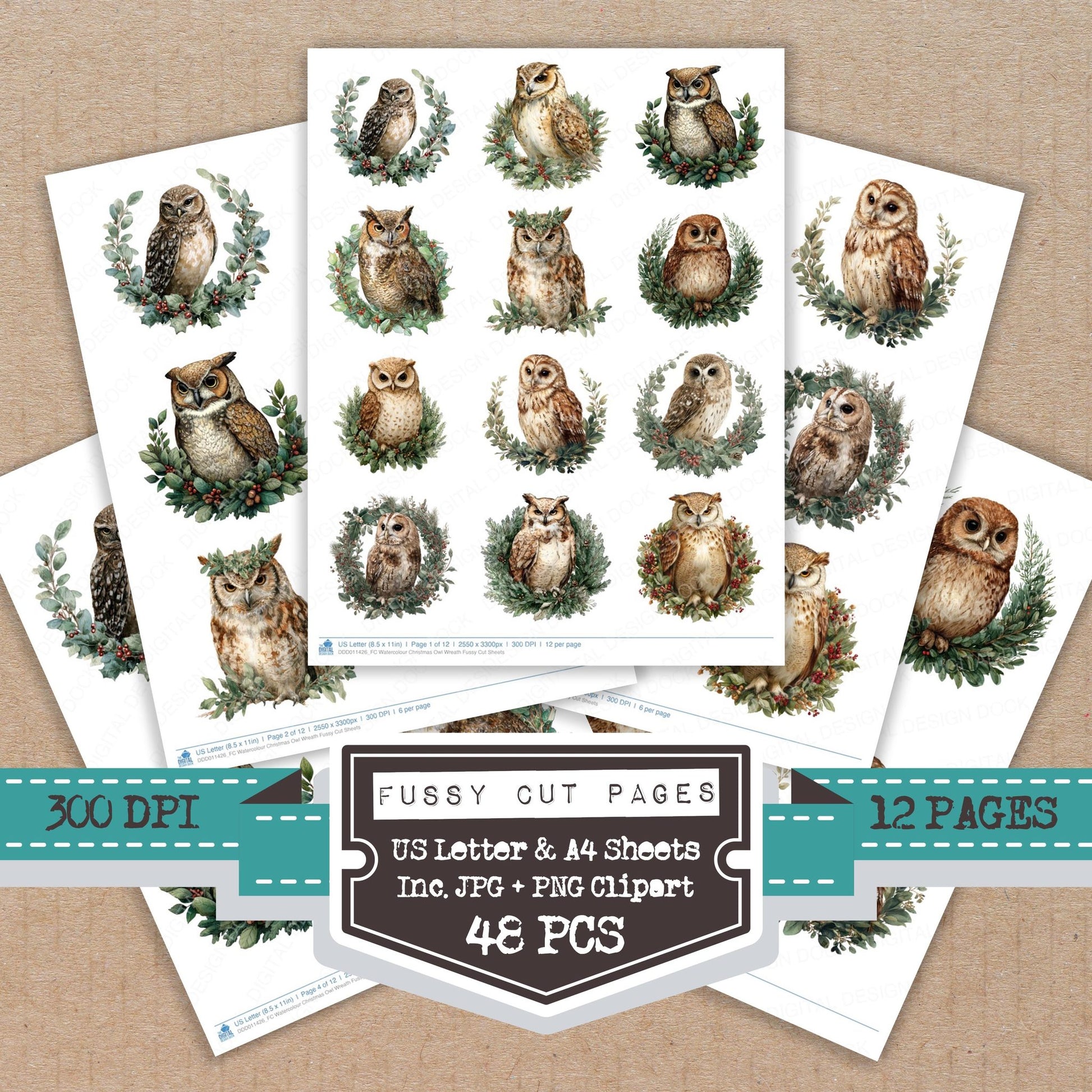 Watercolour Christmas Owl Wreath fussy cut printable sheets for junk journaling, scrapbooking, and paper craft projects