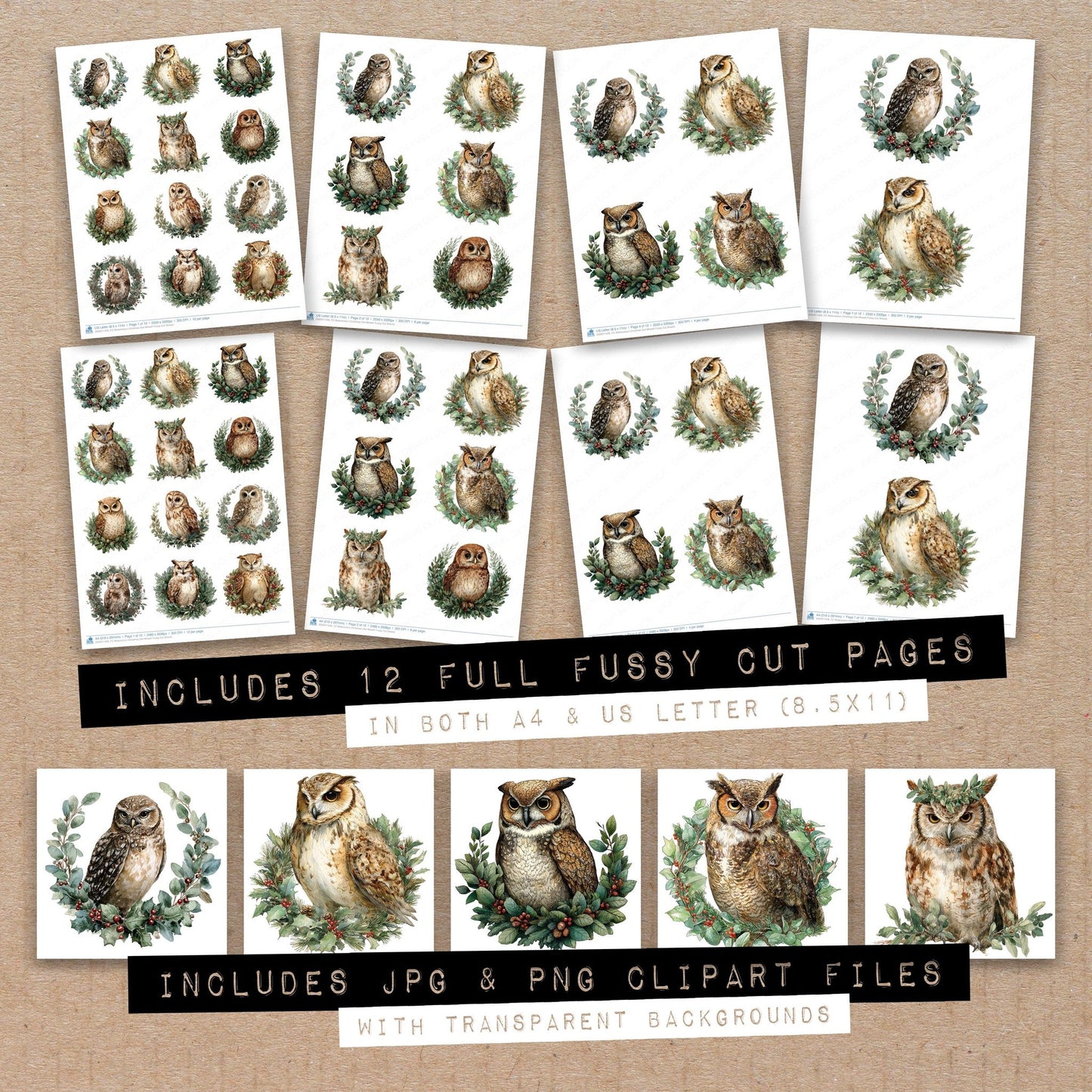 Full collection view of Watercolour Christmas Owl Wreath fussy cut sheets with bonus clipart JPG and PNG files