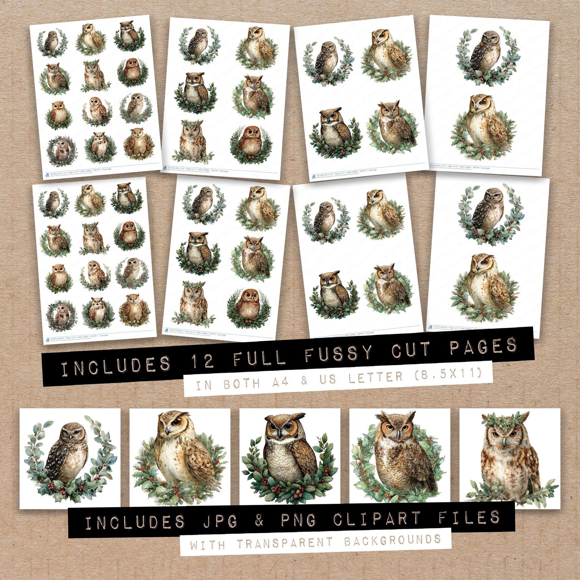 Full collection view of Watercolour Christmas Owl Wreath fussy cut sheets with bonus clipart JPG and PNG files
