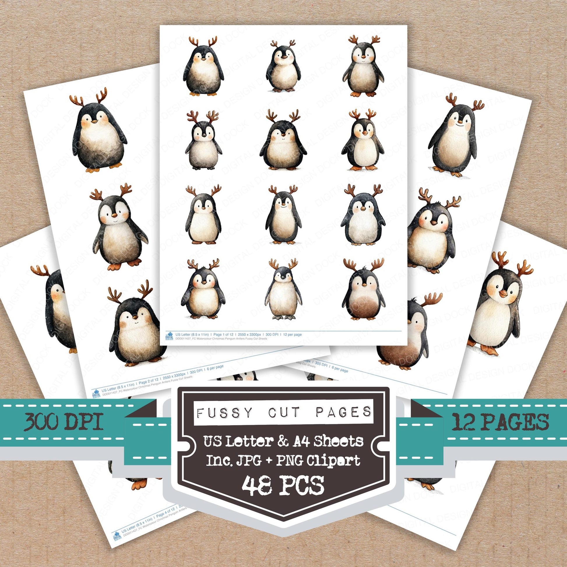 Watercolour Christmas Penguin Antlers fussy cut printable sheets for junk journaling, scrapbooking, and paper craft projects