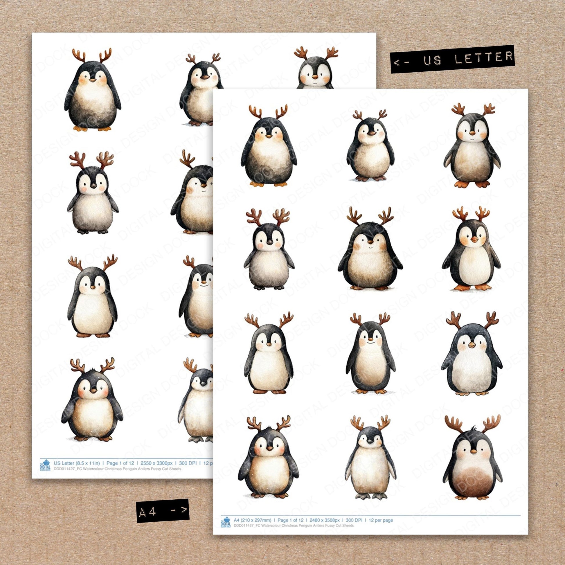 A4 and US Letter format comparison showing Watercolour Christmas Penguin Antlers fussy cut pages for print and cut crafting