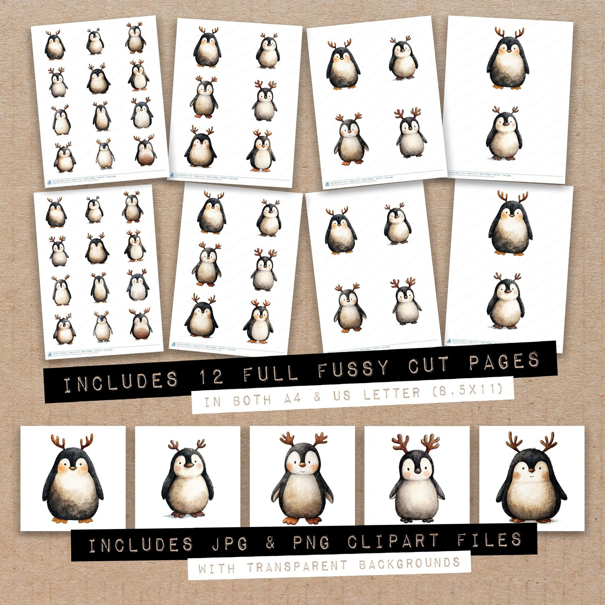 Full collection view of Watercolour Christmas Penguin Antlers fussy cut sheets with bonus clipart JPG and PNG files