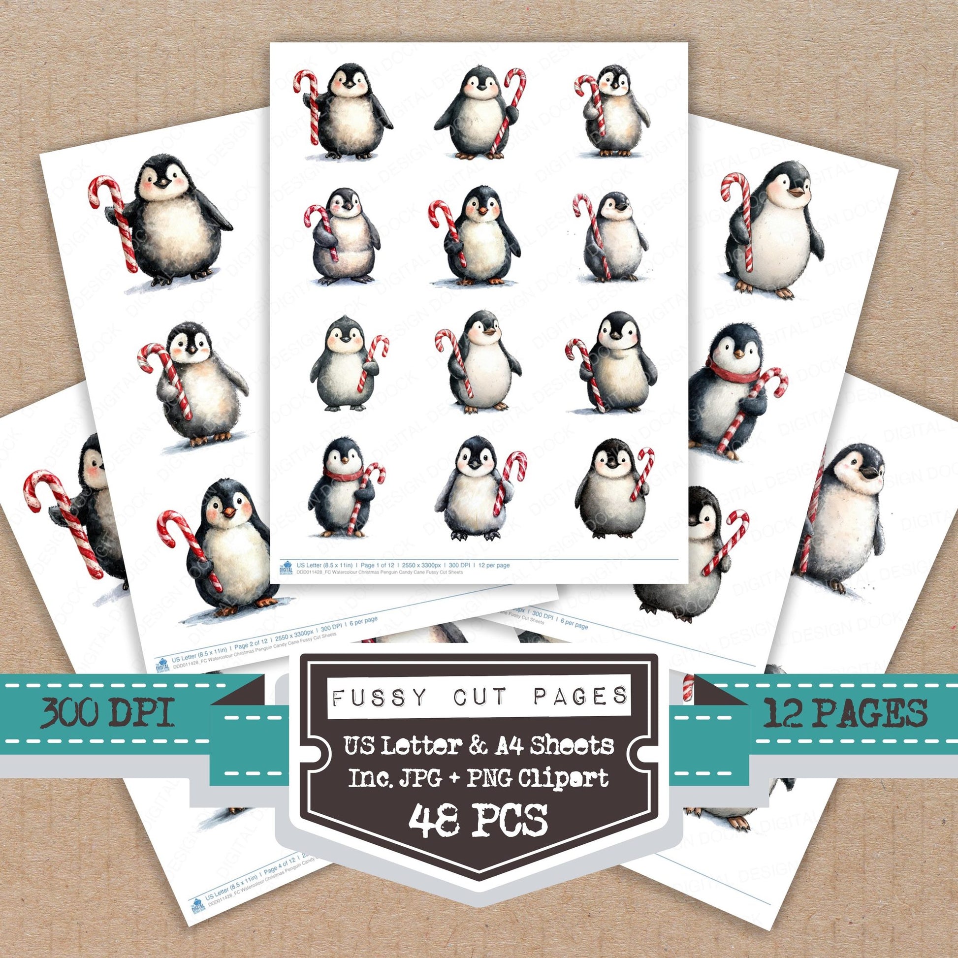 Watercolour Christmas Penguin Candy Cane fussy cut printable sheets for junk journaling, scrapbooking, and paper craft projects