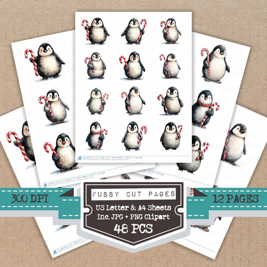 Watercolour Christmas Penguin Candy Cane fussy cut printable sheets for junk journaling, scrapbooking, and paper craft projects