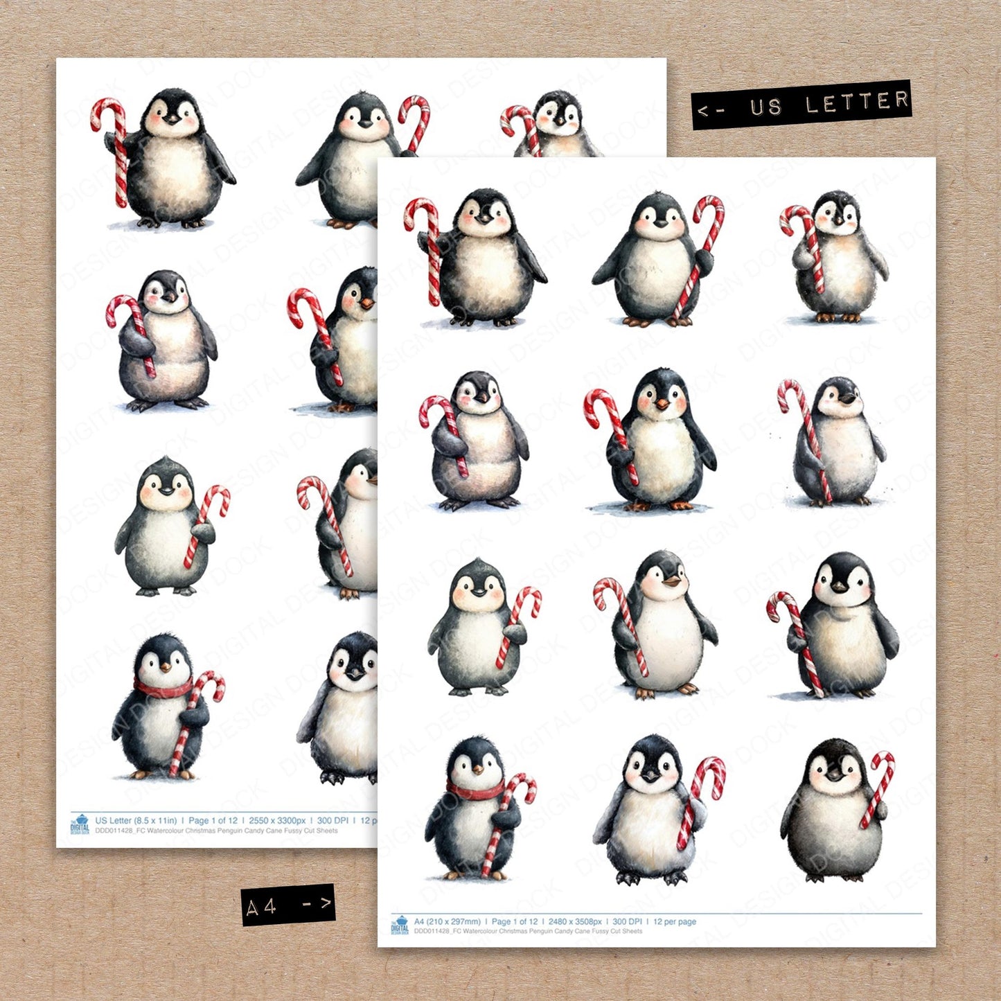 A4 and US Letter format comparison showing Watercolour Christmas Penguin Candy Cane fussy cut pages for print and cut crafting
