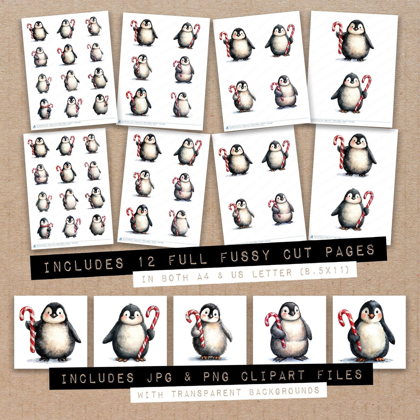 Full collection view of Watercolour Christmas Penguin Candy Cane fussy cut sheets with bonus clipart JPG and PNG files