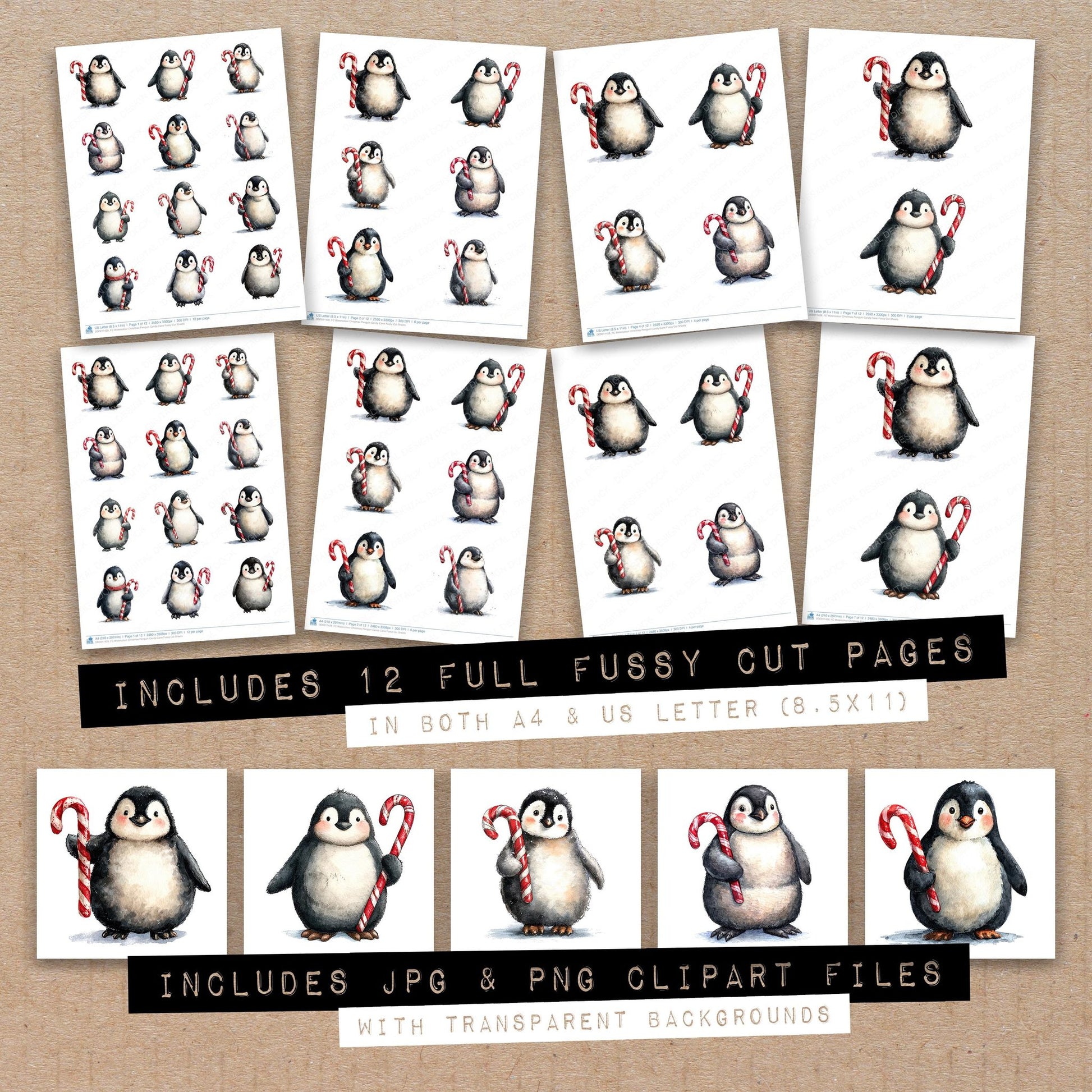 Full collection view of Watercolour Christmas Penguin Candy Cane fussy cut sheets with bonus clipart JPG and PNG files