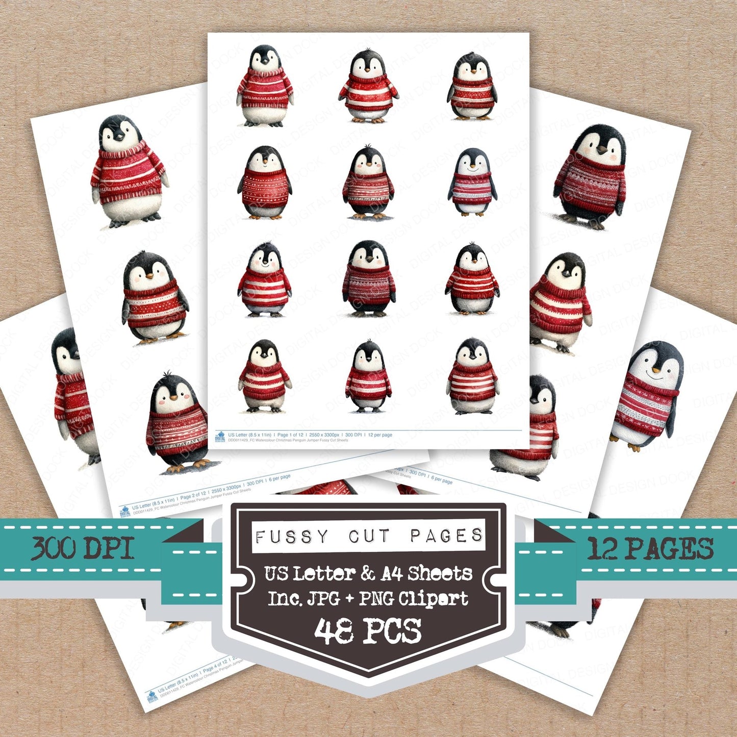 Watercolour Christmas Penguin Jumper Fussy Cut Sheets (DDD011429)
