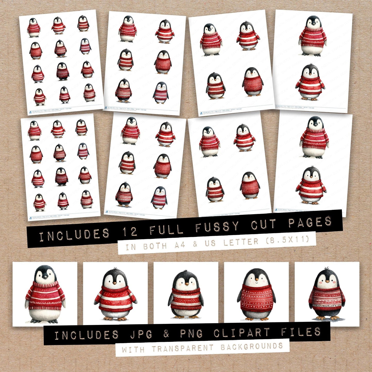 Watercolour Christmas Penguin Jumper Fussy Cut Sheets (DDD011429)