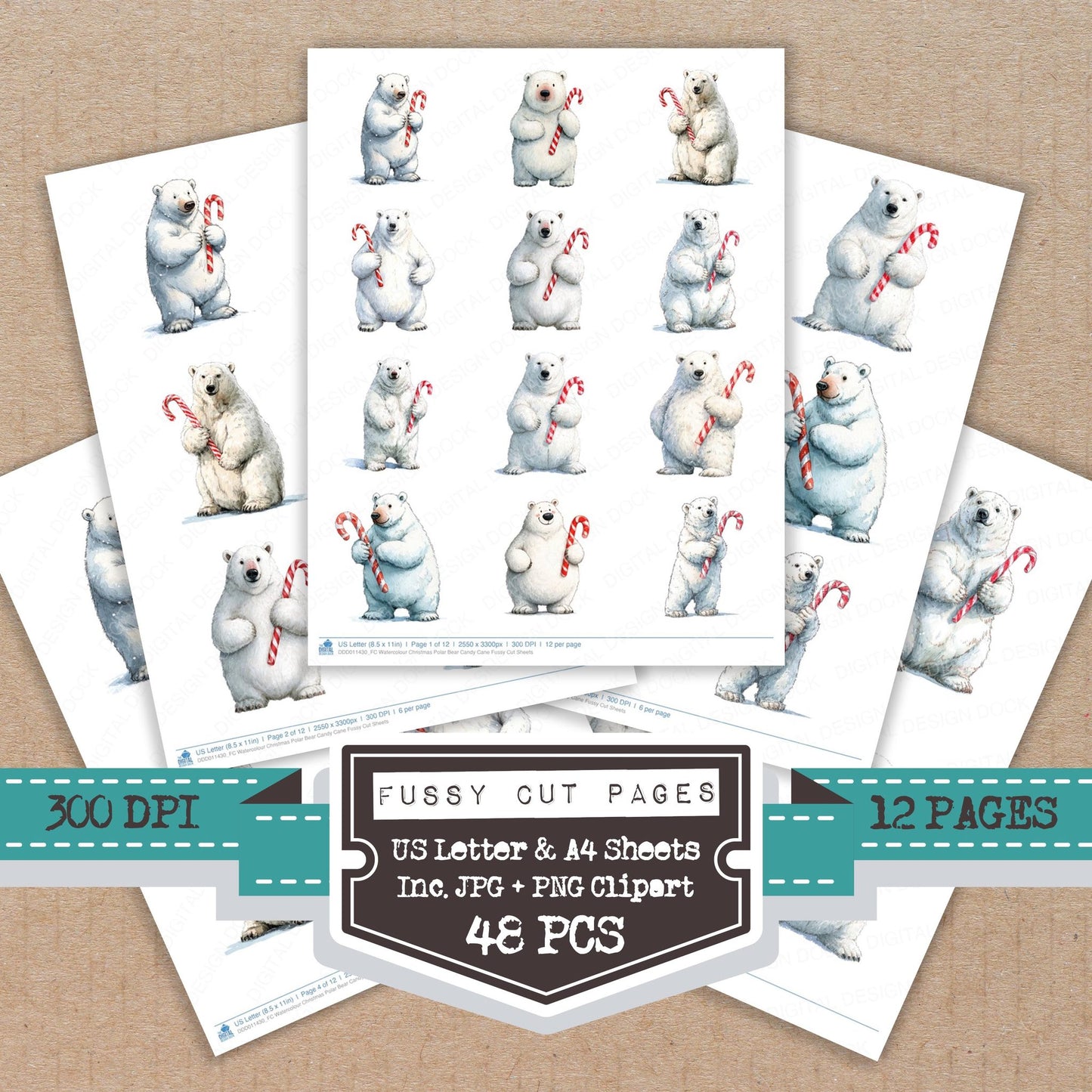 Watercolour Christmas Polar Bear Candy Cane fussy cut printable sheets for junk journaling, scrapbooking, and paper craft projects